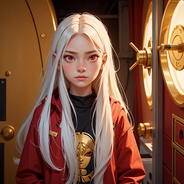 Sixteen-year-old girl with long white hair, red eyes and golden skin, with childish features and wearing lots of clothes