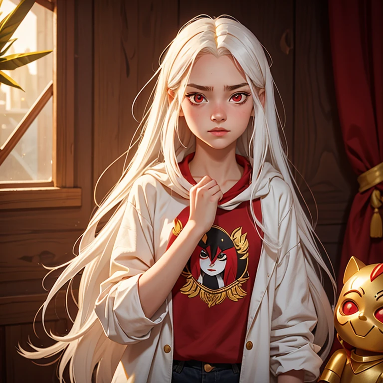 Sixteen-year-old girl with long white hair, red eyes and golden skin, with childish features and wearing lots of clothes