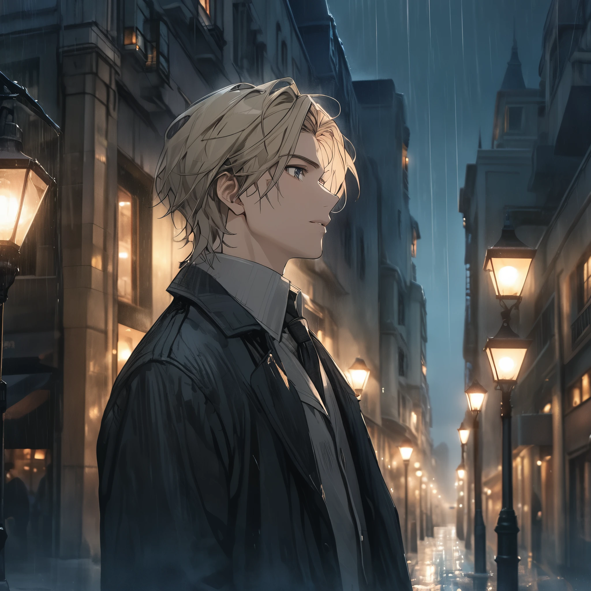 Perfect face, gentlemanly 28 year old man, milk beige hair color, oil pastel look, looking up at the night sky in the rain, chic atmosphere, pale light of a street lamp in the background, --niji 5, 4k