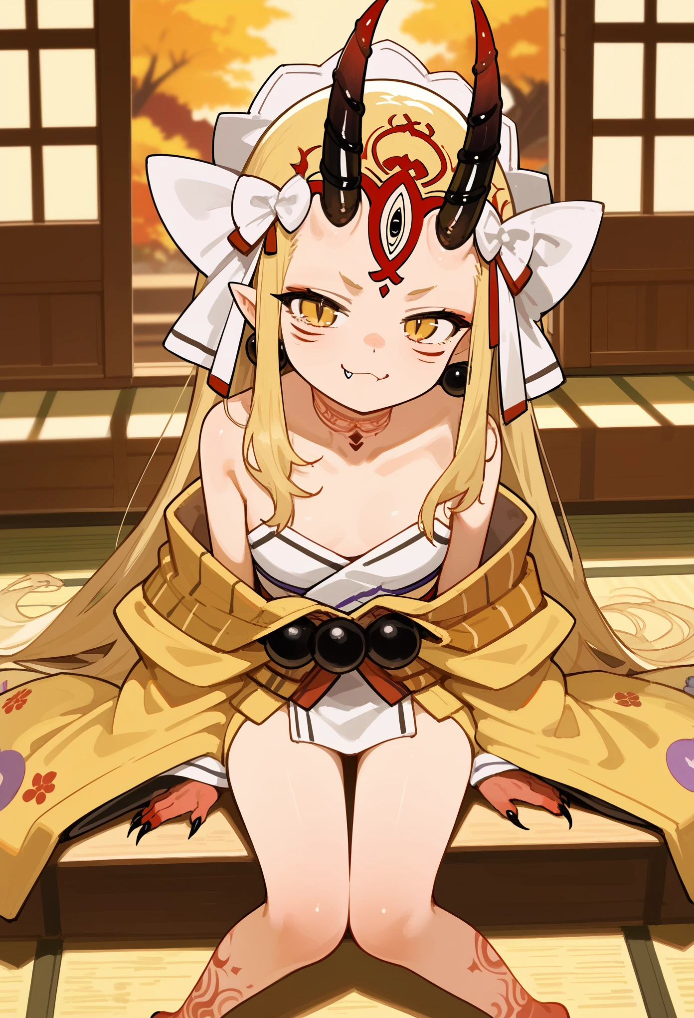 1girl, long hair, blonde hair, sidelocks, yellow eyes, pointy ears, facial mark, tattoo, forehead mark, oni, horns, sharp fingernails, japanese clothes, yellow kimono, headdress, feathers, earrings, jewelry, beads, off-shoulder, wide sleeves, barefoot, sitting, indoors, japanese house, smug, closed mouth, fang, from above, score_9, score_8_up, score_7_up, BREAK source_anime, masterpiece