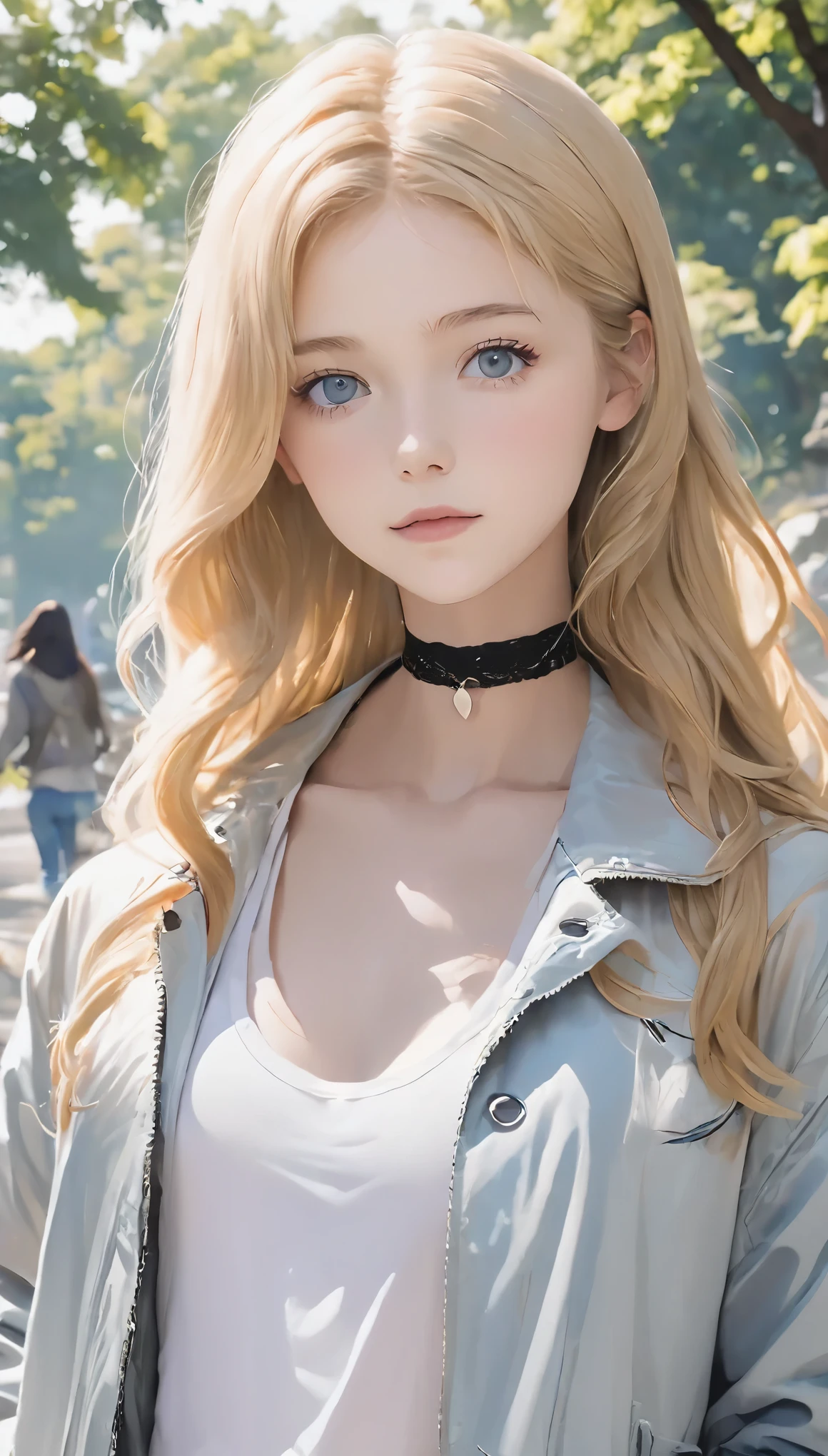 1 girl, Medium chest, Blonde, Long Hair, Wavy Hair, Grey Eyes,  Outdoor, White jacket, choker, Tank top, jeans