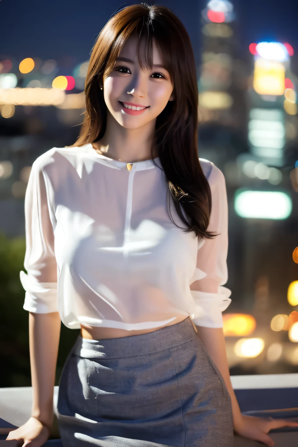 1 girl, (wearing a white see-through blouse:1.2), Short skirt, Beautiful Japanese actresses, (RAW Photos, highest quality), (Realistic, Photorealistic:1.4), masterpiece, Very delicate and beautiful, Very detailed, 4k wallpaper, wonderful, finely, Very detailed CG Unity 8k wallpaper, Very detailed, High resolution, Soft Light, Beautiful detailed girl, Very detailed目と顔, Beautiful and detailed nose, Beautiful and detailed, Cinema Lighting, break, (Night cityscape background 1.3), City lights, Perfect Anatomy, Slender body, smile, Face the front completely, (Looking at the camera), (whole body), Accentuate larger ,
