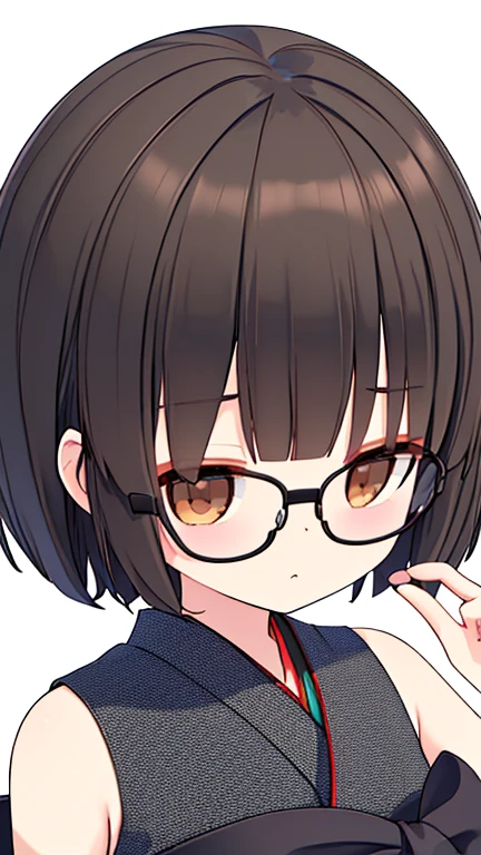 (Tabletop, highest quality, Capture the cutest moment, Depth of written boundary, Ultra-detailed, Ultra-high resolution, c4d, Octadale, 3D Modeling, 8k, 16K, One Girl、、Black-haired、short hair、Straight Hair、Light brown eyes,hair ornaments、Wearing black glasses、Cute face)、Sleeveless Japan yukata
