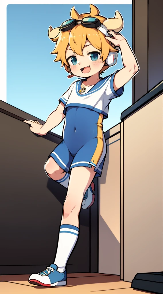 Two-dimensional boy,One-piece sportswear,horn,Cow ears,Put the headphones on your head,stand up,goggles,sports shoes,Slim,Sailor collar,Knee socks,Short sleeve,Leg ring,cute,happy