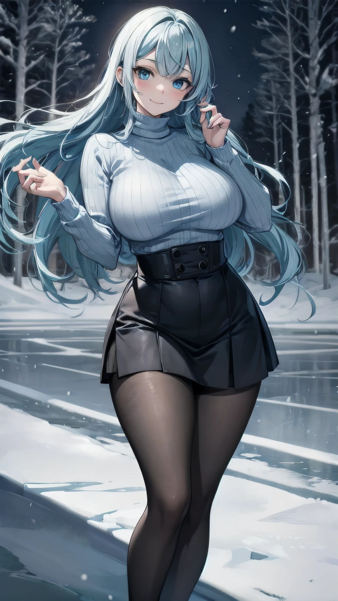 (masterpiece), best quality, emotionless eyes, perfect face, 1girl, solo, huge breasts, sad, blunt bangs, hourglass figure, milf, mother, long hair, wavy hair, (light blue hair BREAK light blue eyes BREAK) lipstick, snow forest, ice, icy floor, cloudy sky, ice skates, standing, yellow sweater BREAK black pantyhose BREAK blue skirt BREAK closed mouth, smile, dancing on ice, 