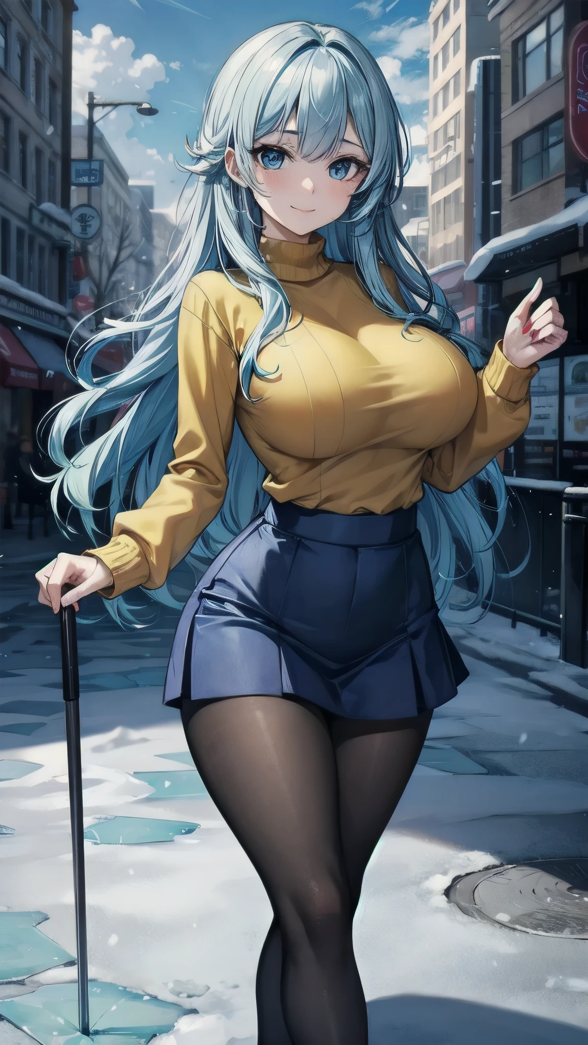 (masterpiece), best quality, emotionless eyes, perfect face, 1girl, solo, huge breasts, sad, blunt bangs, hourglass figure, milf, mother, long hair, wavy hair, (light blue hair BREAK light blue eyes BREAK) lipstick, snow forest, ice, icy floor, cloudy sky, ice skates, standing, yellow sweater BREAK black pantyhose BREAK blue skirt BREAK closed mouth, smile, dancing on ice, 