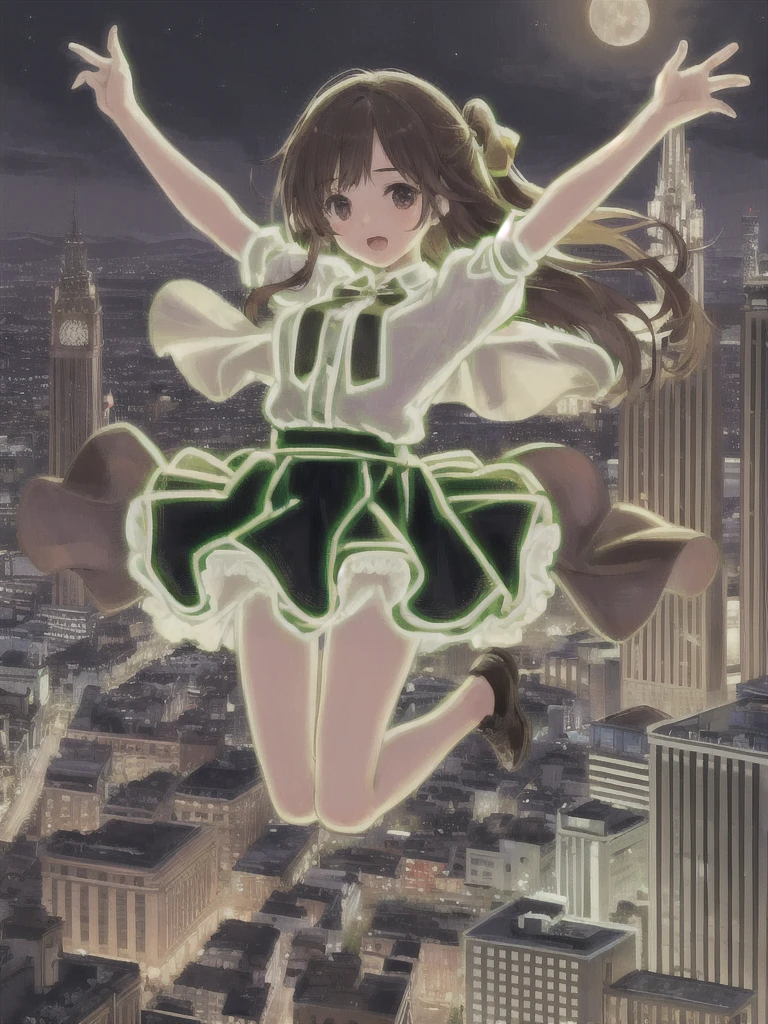 masterpiece, 
1girl, 
 open arms, jumping, night,city,microskirt,