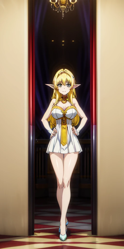 (plain background) (smile) white pale skin, golden hair and yellow eyes, huge knockers, full body standing symmetrical, red cheeks, 1girl elf full bidy looking at viewer, view from below, hands on hips