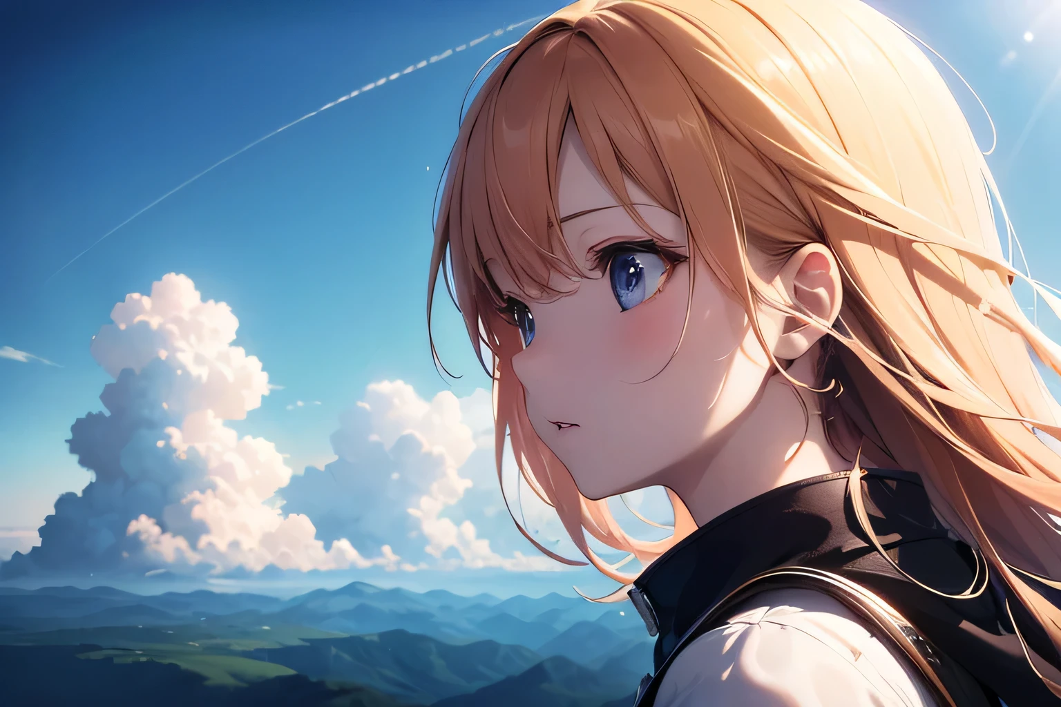 Absurd, High resolution, (Official Art, beautifully、aesthetic:1.2), Close-up, Bright Sky, A vast world, girl, stare, Awe-inspiring expressions, Distant Horizon, cloud, High Hill, Natural Beauty, Inspiration, Light effects