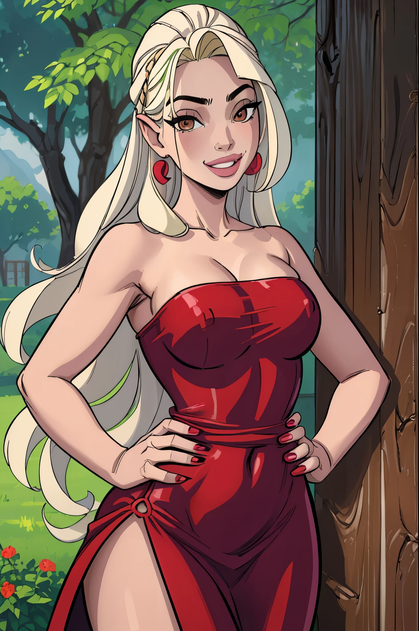 (masterpiece, best quality:1.2), sleepygimp, 1girl, solo, dress, jewelry, long hair, hand on hip, earrings, red dress, blonde hair, brown eyes, outdoors, looking at viewer, day, strapless, smile