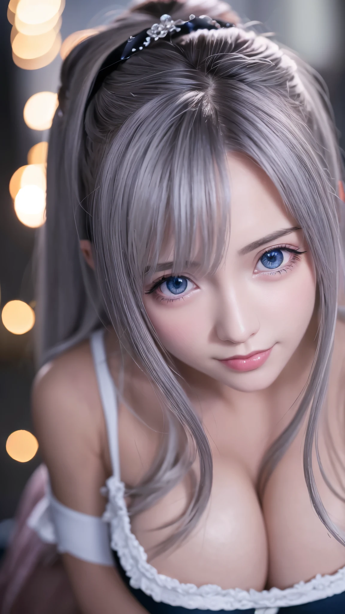 (Best quality, Ultra-detailed, photo-realistic:1.37), Silver-haired woman, nsfw, (big breast:1.5), Fantastic blue eyes, (smiling broadly), Soft lighting, pink apron, illustration, bangs, Flowing hair, Gentle breeze, Shiny hair, Close-up of black stockings, mitts, Gradient hair, folded ponytail, blue halo, Glowing eyes, Wide eyes, drunk, Anime style, shadowing, back lit lighting, macro photograph, Close-up, first person perspective, head out of frame, hyper HD, High details, Best quality