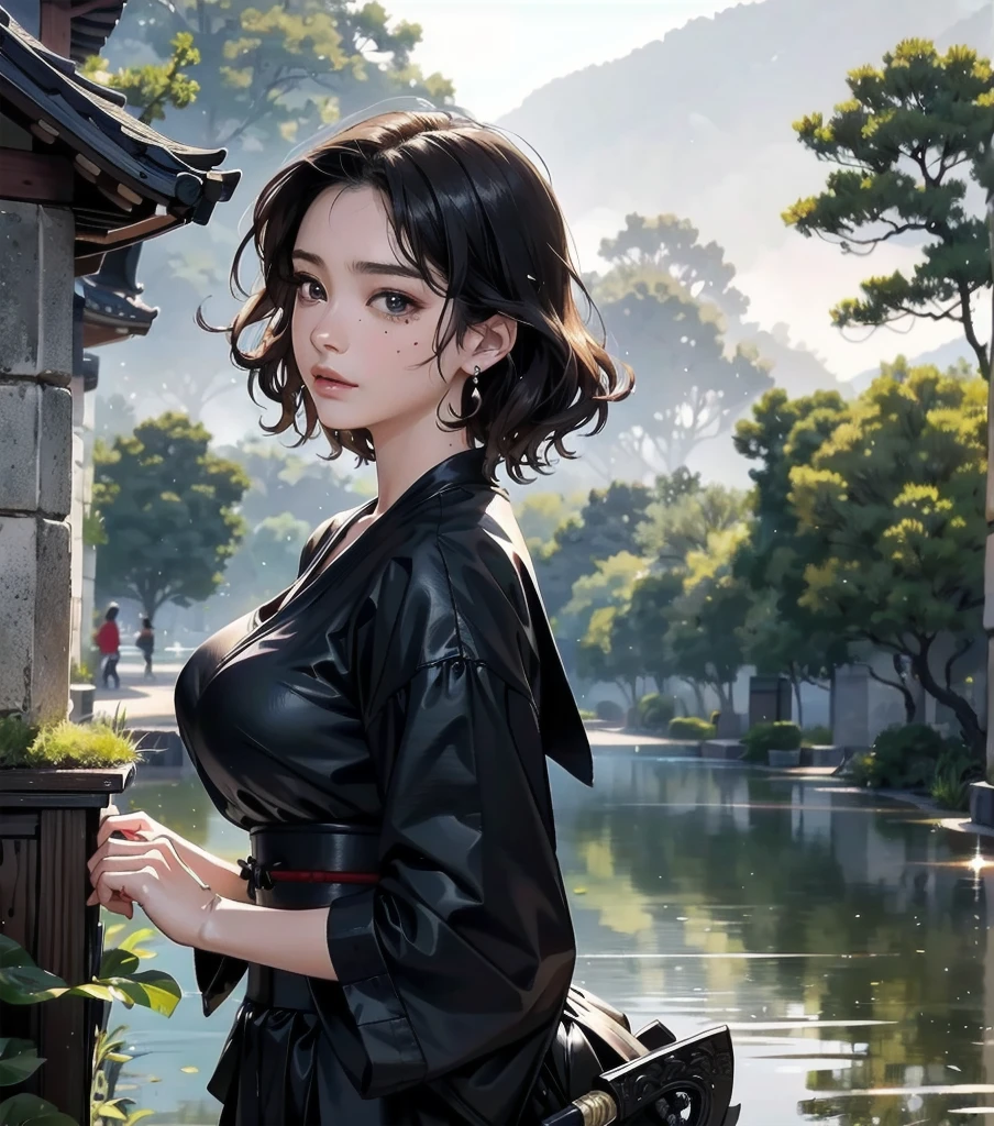 masterpiece, best quality, extremely delicate and beautiful, ultra-detailed, high-resolution, 20 years old, detailed beautiful face, tearful mole, earring, very huge round breasts, short medium hair, wavy hair, wet clothes, full body shot, alone, samurai assassin girl,