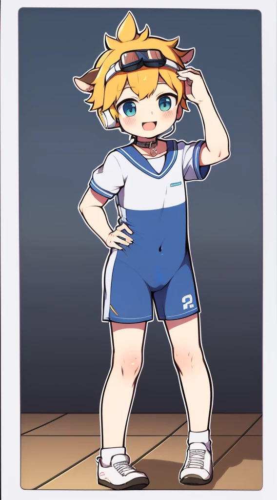 Two-dimensional boy，One-piece sportswear，horn，Cow ears，Put the headphones on your head，stand up，goggles，sports shoes，Slim，Sailor collar，Knee socks，Short sleeve，Leg ring，cute，happy