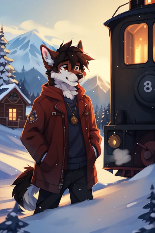 solo,full body,Male,dog,Steam locomotive,Train driver,outdoor,Train engine in the cab,Railway in the background,polar express,Steam locomotive on the railroads,American Steam locomotive,Operating Steam locomotive, ((by keihound, by reysi)), by Zackary911, by hyattlen, by fumiko, by fluff-kevlar, Furry, Anthro,
