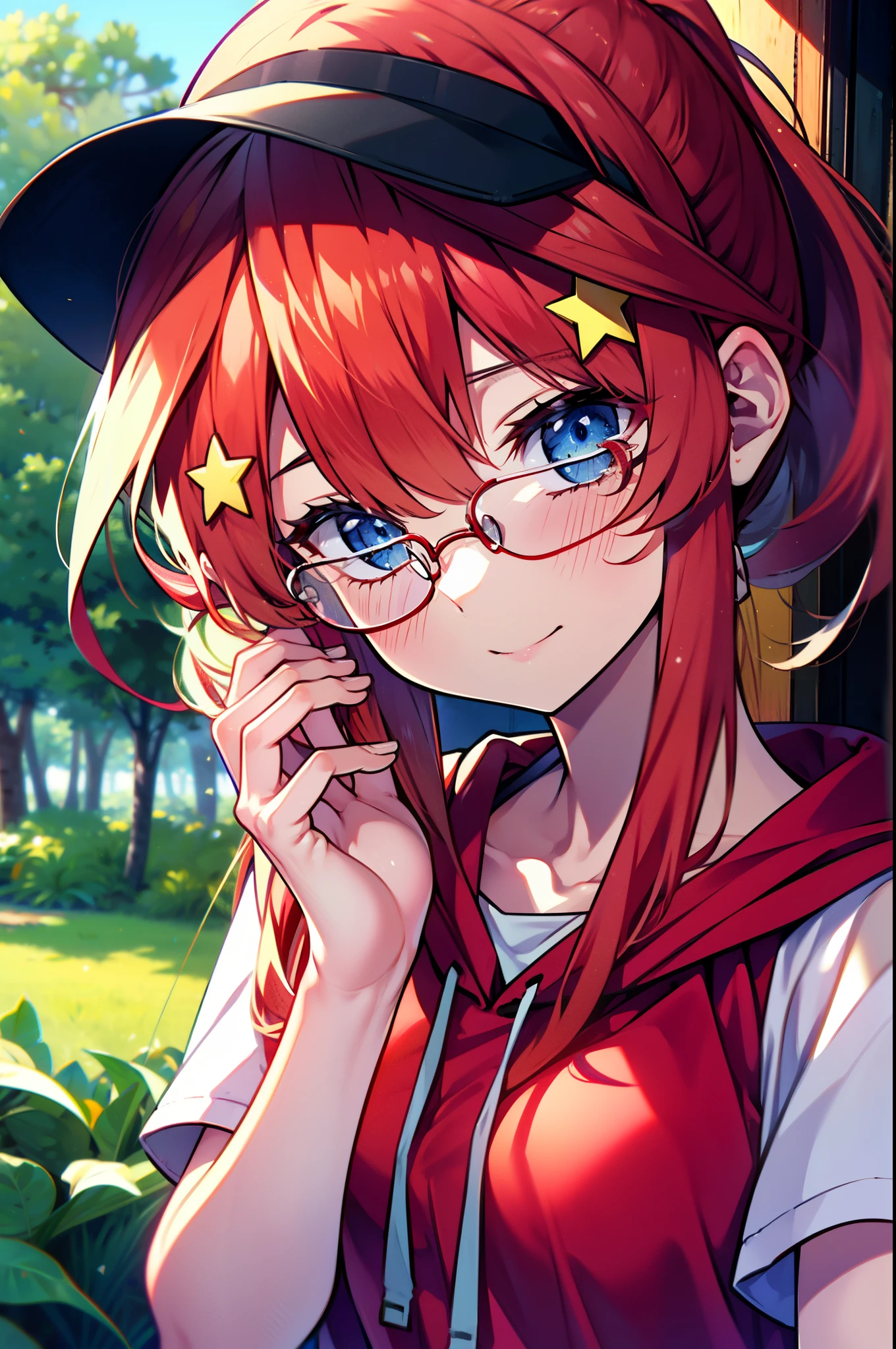 itsukinakano, Itsuki Nakano, bangs, blue eyes, Hair between the eyes, Ahoge, Redhead, star \(symbol\), hair ornaments, star hair ornaments,Akagi glasses, tooth, smile, Open your mouth,ponytail,Red hoodie,Short sleeve,Baseball cap,Food Up,Red Tank Top Shirt,Short denim,Red Knee High Socks,High Top Sneakers,Daytime,sunny,真夏日
break looking at viewer, Upper Body, whole body,(Cowboy Shot:1. 5)
break outdoors, forest, nature,camp site,tent,
break (masterpiece:1.2), highest quality, High resolution, unity 8k wallpaper, (shape:0.8), (Beautiful details:1.6), Highly detailed face, Perfect lighting, Extremely detailed CG, (Perfect hands, Perfect Anatomy),