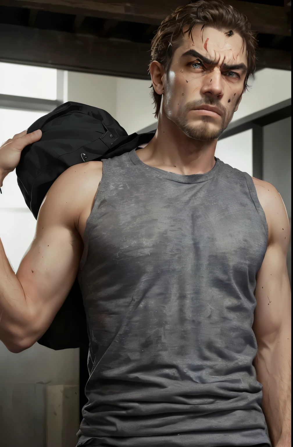 Make his look angry, rough face, rugged look, sharp chin