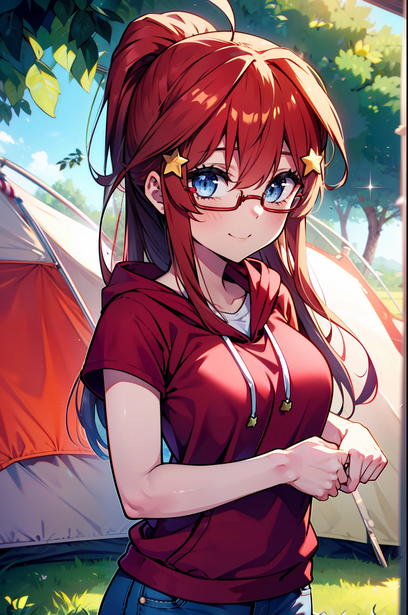 itsukinakano, Itsuki Nakano, bangs, blue eyes, Hair between the eyes, Ahoge, Redhead, star \(symbol\), hair ornaments, star hair ornaments,Akagi glasses, tooth, smile, Open your mouth,ponytail,Red hoodie,Short sleeve,Baseball cap,Food Up,Red Tank Top Shirt,Short denim,Red Knee High Socks,High Top Sneakers,Daytime,sunny,真夏日
break looking at viewer, Upper Body, whole body,(Cowboy Shot:1. 5)
break outdoors, forest, nature,camp site,tent,
break (masterpiece:1.2), highest quality, High resolution, unity 8k wallpaper, (shape:0.8), (Beautiful details:1.6), Highly detailed face, Perfect lighting, Extremely detailed CG, (Perfect hands, Perfect Anatomy),