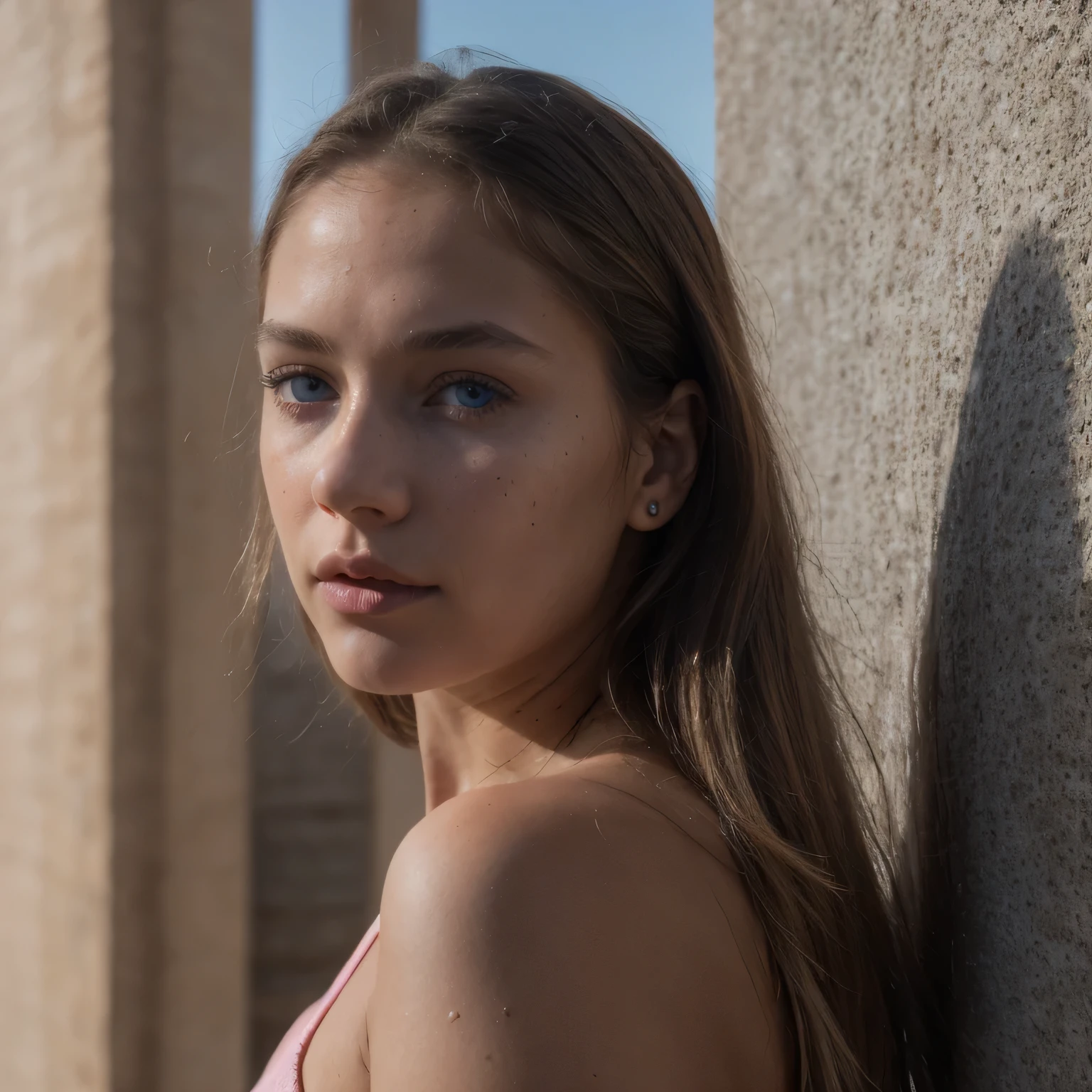 photo of a college student, in Desert Color Coarse Linen Pink,Desert Color Coarse Linen, (freckles:0.8) cute face, sci-fi, dystopian, detailed eyes, Heterochromia eyes((Side view))(Dune 2)((Cobalt blue eyes))