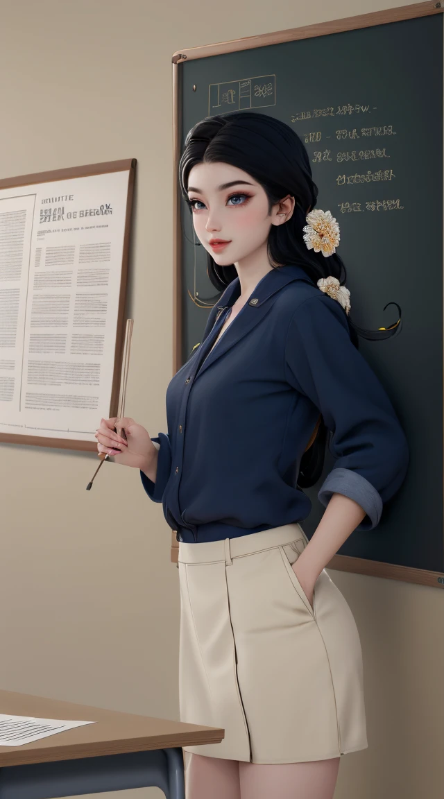 (best quality,4K,8k,high resolution,masterpiece:1.2),Super detailed,(Practical,photoPractical,photo-Practical:1.37),Nezuko Kamado,Sexy teacher,Beautiful and delicate eyes,Beautiful and delicate lips,Long eyelashes,Long black hair,fit,(Big Breasts,Cleavage close-up,Wide hips, Curvy beauty,)cleveage,Revealing clothes,Short skirt,Suggestive underwear,Confident Posture,Teaching sex education,Classroom environment,blackboard,Books and papers,Students focus on,Expression of involvement and interest,Dedicated and professional teaching,Educational posters on the wall,Bright colors,Studio Lighting,soft warm tones,Warm and welcoming atmosphere