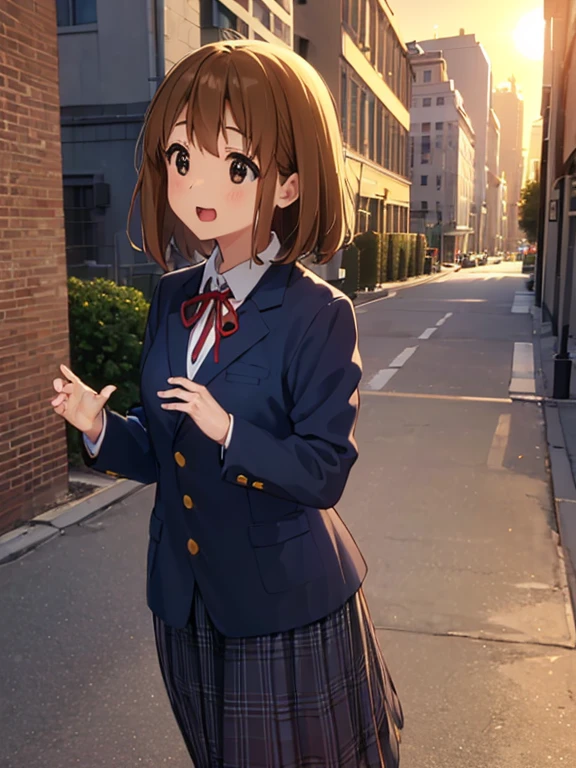 One girl, (((masterpiece))), highest quality, highest quality, Attention to detail, Hirasawa Yui, One girl, Sakuragaoka High , , Two yellow hairpins, short hair, Brown haired, Brown eyes, solo, red tint, A dark blue blazer with a thin red ribbon, A plain white button-up shirt to wear underneath the blazer, Awareness-raising, Comic Strip, Calm tone, Calm colors, Soft cinematic light, Adobe Lightroom, Photo Lab, High resolution, Complex and highly detailed、(((Depth of written boundary))))。(((masterpiece)))。(((highest quality))).)((Ultra-detailed)))。(((Awareness-raising)))。(((Take-out))).Dynamic Focus.Big Breasts.(((skyscraper))).(((Cityscape))).(((Happy Face))). Open your mouth.(((Put your hands on your hips))).(((On the chest))).((Afternoon glow)).((The Sunset Sun)).