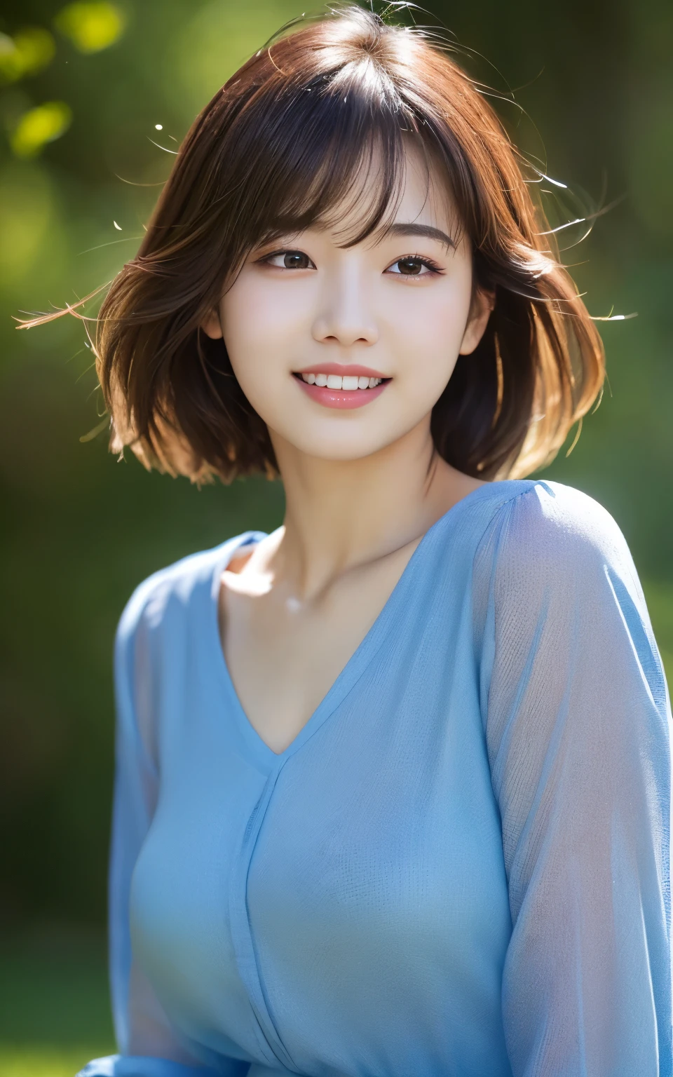 (Realistic:1.4), (Surreal:1.4), (Smooth lighting:1.05), 1 girl, Mouth closed, Laugh a little, Pure beauty, 22 years ago, Soft lighting, Backlight, (最high qualityのリアルな肌の質感), Narrow eyes, Very detailedな顔, Glowing Skin, retina, Anatomically correct, Acura, Very detailed, Rough skin, high quality, Advanced Details, 最high quality, High resolution,Under the refreshing blue sky, Short hair swaying in the wind, bangs, blouse
