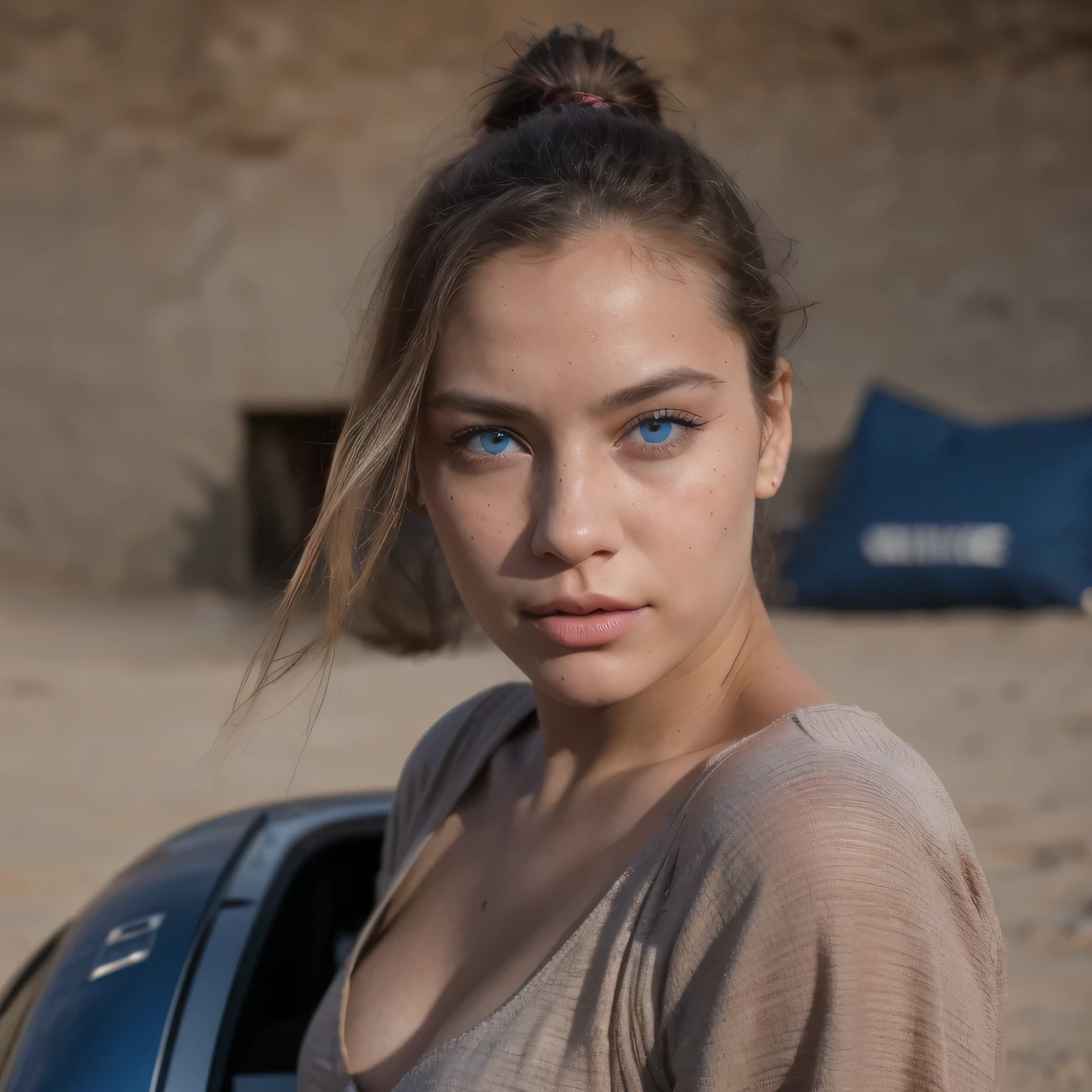 photo of a college student, in Desert Color Coarse Linen Pink,Desert Color Coarse Linen, (freckles:0.8) cute face, sci-fi, dystopian, detailed eyes, Heterochromia eyes（（Side view））（Dune 2）((Cobalt blue eyes))