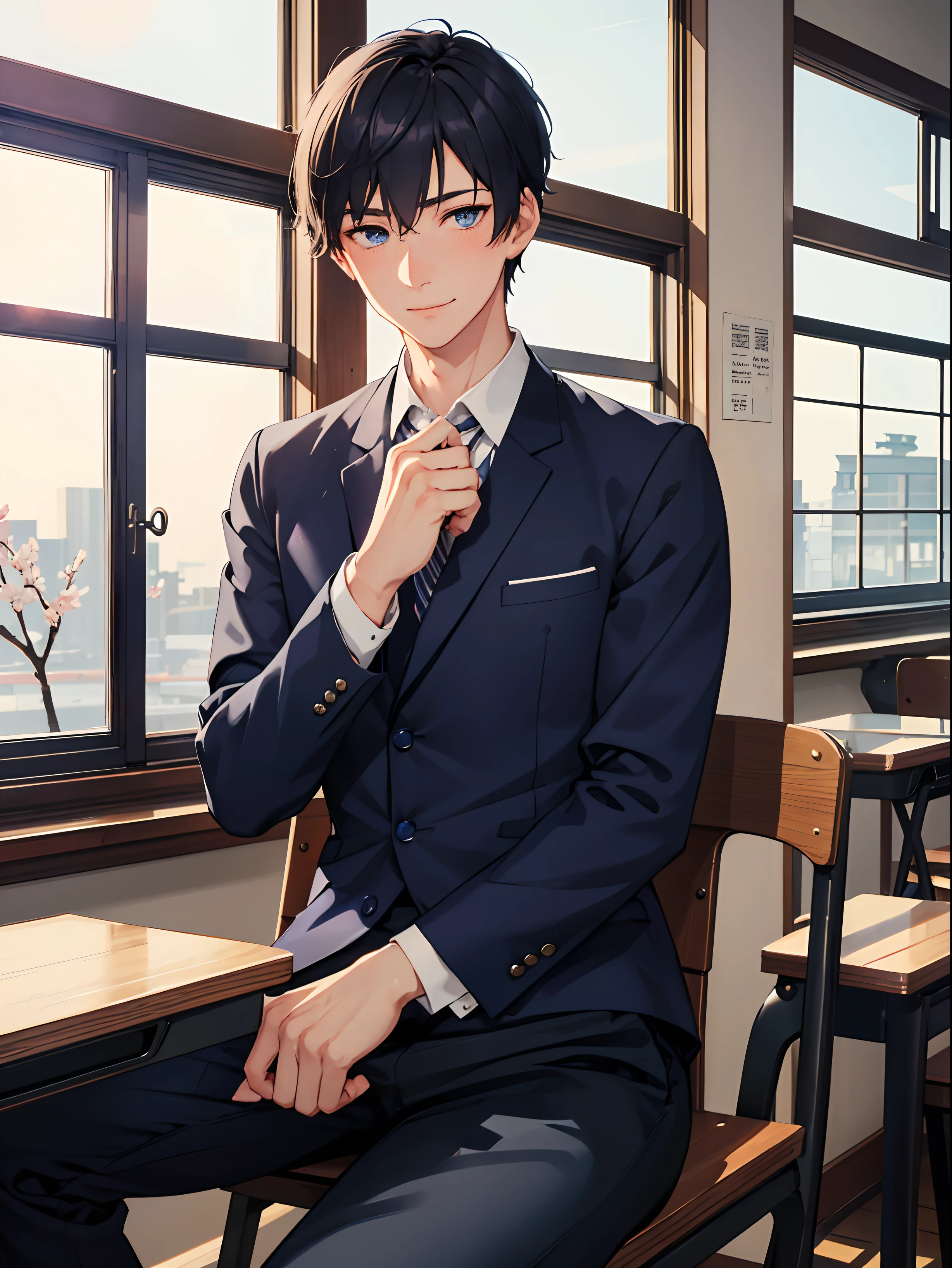 1 male, navy blue short hair, dark blue eyes, wearing Japanese male high , long black pants, nervous, blushing, gentle smile, soft, sit on the chair, near window, sakura view, looking at viewer, handsome, indoors, Classroom background (masterpiece, best quality, beautiful detailed eyes, detailed face)