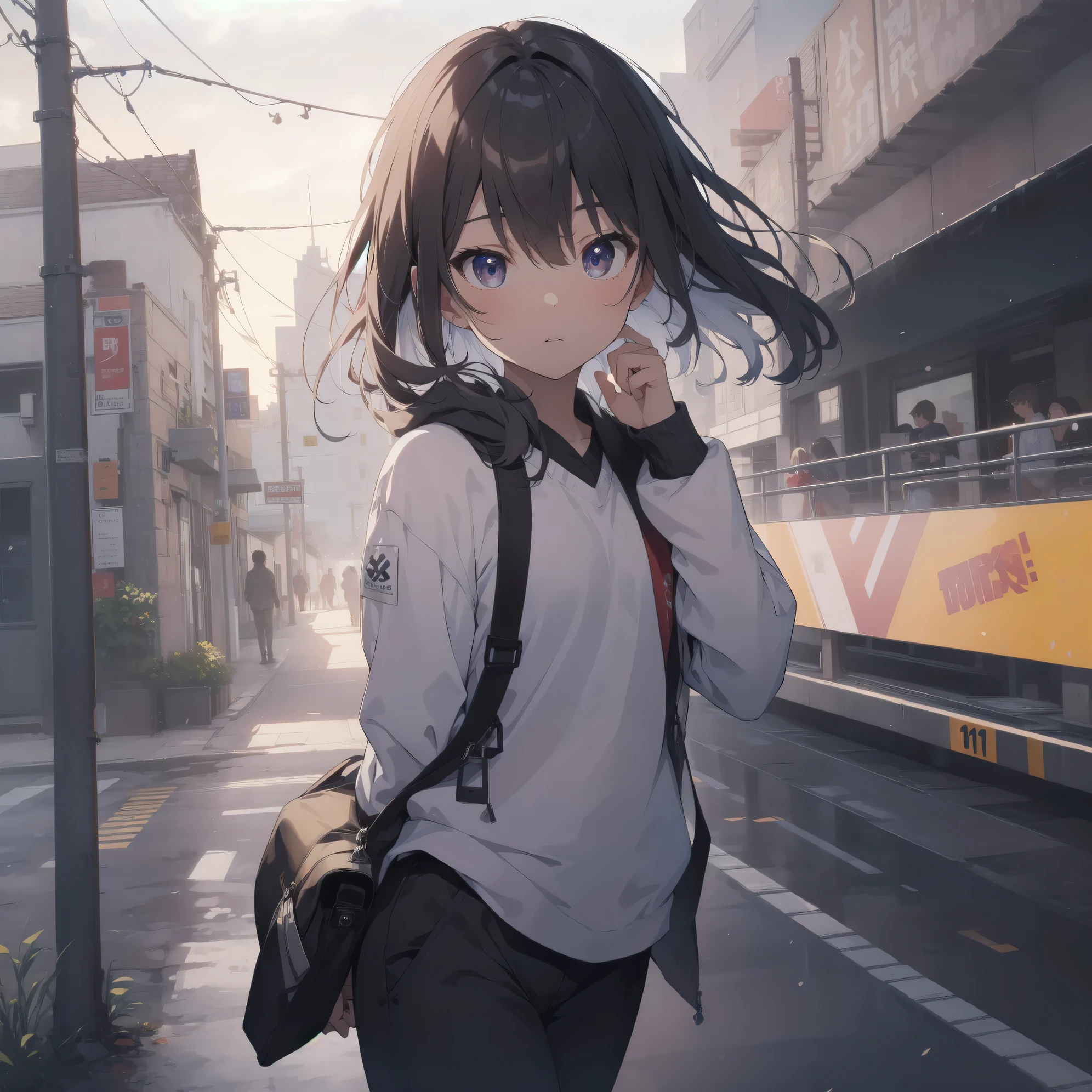 ultra-absurdres-Top quality by artist God, ultra-detailed, high resolution, anime moe artstyle, best anime 8k konachan wallpaper, pixiv contest winner, pool:2810, perfect anatomy,break, 1girl, (Solo,tomboy, 9-year-old:1.3),Full limbs, complete fingers,(very short hair), messy hair, flat chest, groin, small butt, small black eyes, beautiful detailed eyes, well-proportioned iris and pupils, expressive eyes, highres detailed hair, soft expression, tank top, short shorts, walking, sleepily, (Detailed Lighting), (Detailed background), in the School commute route. break,super detailed skin, Best cinematic lighting powered by famous artist, 8k,beauty illustration,photoshop_(medium),very aesthetic,break,((artist:itomugi-kun )), artist:bolze ,artist:oyari ashito ,artist:kantoku ,
