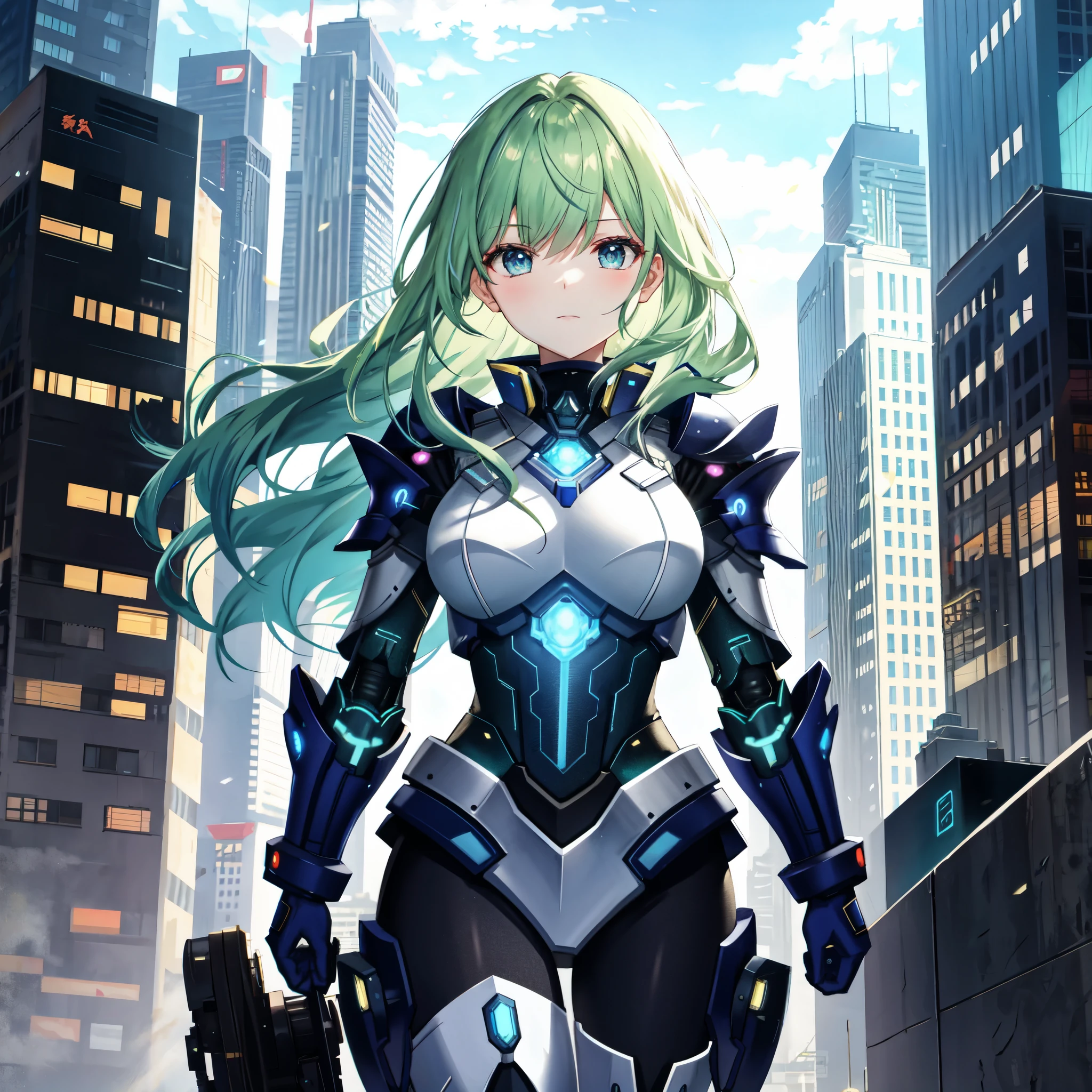 - **Character Pose**: The mech girl stands on a skyscraper's ledge, poised for action, her silhouette outlined against the neon skyline. **BRAKE**
- **Motion Flow**: Captured mid-motion, she transitions from dynamic to still, her body language suggesting a narrative of vigilance and readiness. **BRAKE**
- **Pose Purpose**: She embodies the resolve of a city's guardian, a symbol of protection in the cybernetic metropolis. **BRAKE**
- **Character Traits**: Her expression is one of fierce determination, eyes alight with the fire of unyielding spirit. **BRAKE**
- **Environmental Details**: The cityscape behind her is a blend of tradition and futurism, where ancient temples stand shoulder to shoulder with skyscrapers. **BRAKE**
- **Visual Elements**: Her hair is a radiant mix of golden hues with subtle streaks of blue and green, flowing back from the wind at this great height. **BRAKE**
- **Style**: The illustration should be in a detailed anime style, blending elements of moe art with a touch of photorealism to highlight the futuristic aspects of her design. **BRAKE**
- **Image Quality**: The artwork should be rendered in 4K resolution, ensuring that every detail, from the texture of her armor to the reflections in her eyes, is captured with utmost clarity. **BRAKE**
