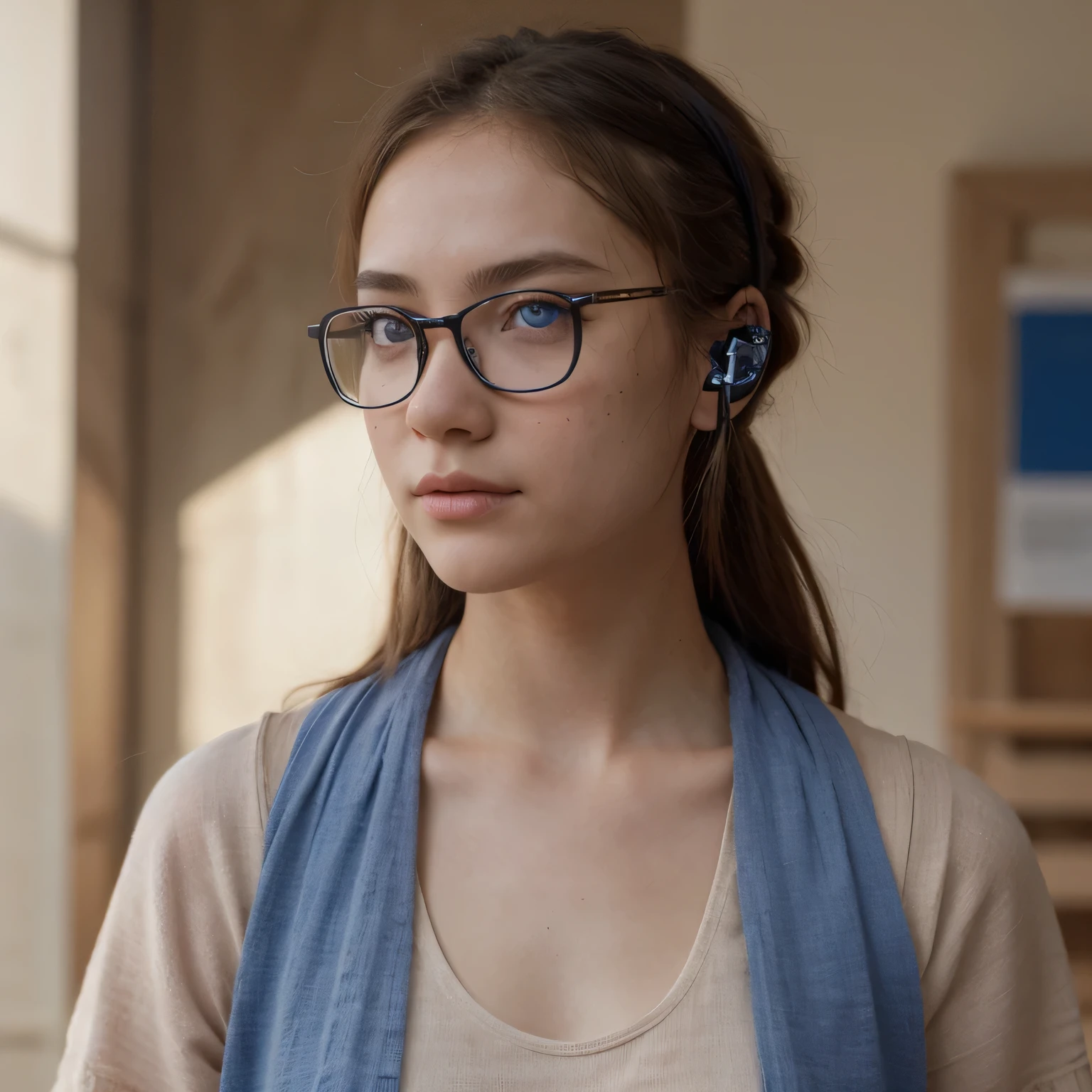 photo of a college student, in Desert Color Coarse Linen Pink,Desert Color Coarse Linen, (freckles:0.8) cute face, sci-fi, dystopian, detailed eyes, Heterochromia eyes((Side view))(Dune 2)((Cobalt blue eyes)) attractive neck, xintong chen, with glasses, li zixin, wearing headset, 4 8 0 p, 480p, with head phones, # oc, #oc, a young asian woman, with black eyeglasses, cai xukun, wearing thin large round glasses