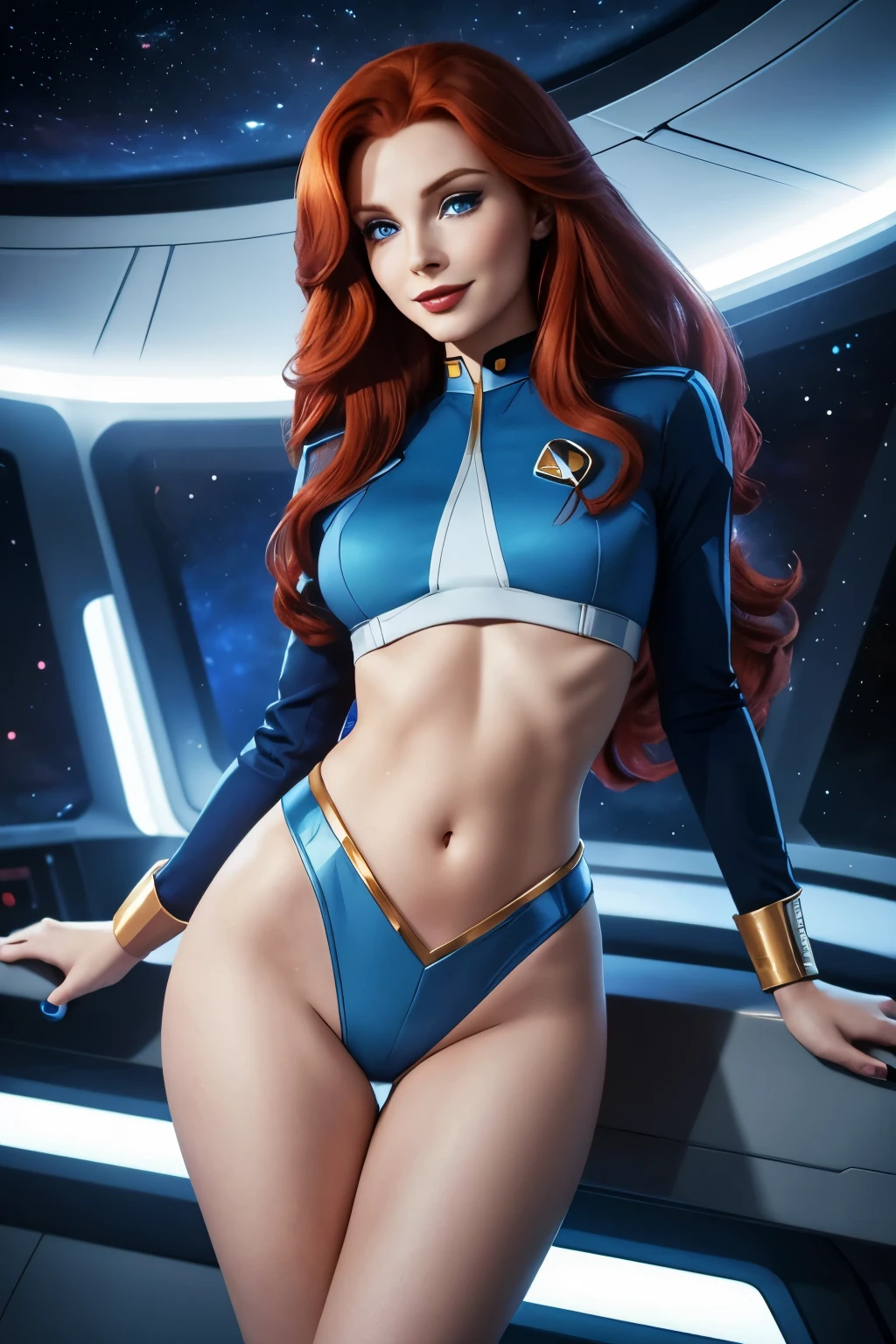 a 20 year old sexy space babe, beautiful Dr Beverly Crusher with long red hair, eyeliner, lipstick, eyeshadow, flirty smile, cute glint in her blue eyes, on the bridge of the enterprise, wearing a tng uniform, refined face detail, blue ambient lighting, perfect proportions, ideal figure, tall space boots, thick legs, thigh gap, (SEXY:1.3),