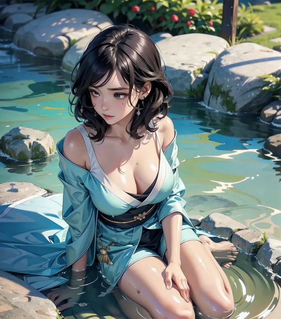 masterpiece, best quality, extremely delicate and beautiful, ultra-detailed, high-resolution, 20 years old, detailed beautiful face, tearful mole, earring, very huge round breasts, short medium hair, wavy hair, wet clothes, full body shot, alone, assassin, kimono,