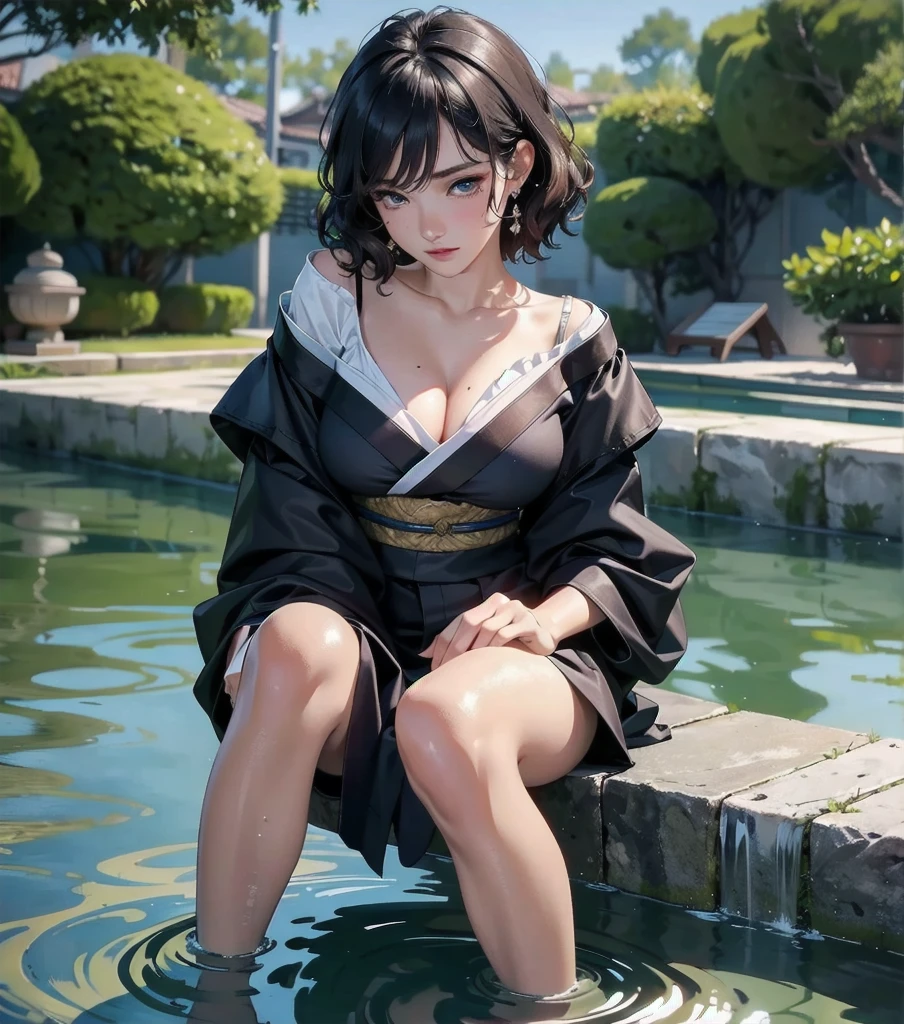 masterpiece, best quality, extremely delicate and beautiful, ultra-detailed, high-resolution, 20 years old, detailed beautiful face, tearful mole, earring, very huge round breasts, short medium hair, wavy hair, wet clothes, full body shot, alone, assassin, kimono,