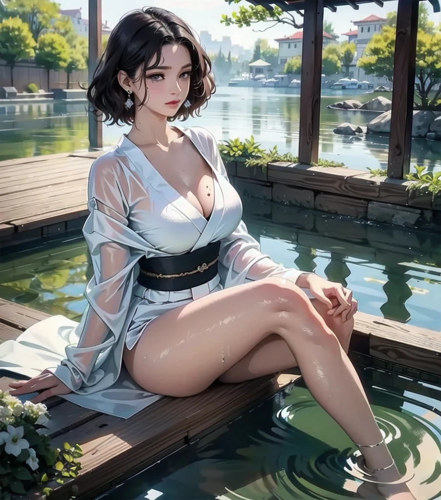 masterpiece, best quality, extremely delicate and beautiful, ultra-detailed, high-resolution, 20 years old, detailed beautiful face, tearful mole, earring, very huge round breasts, short medium hair, wavy hair, wet clothes, full body shot, alone, assassin, kimono,