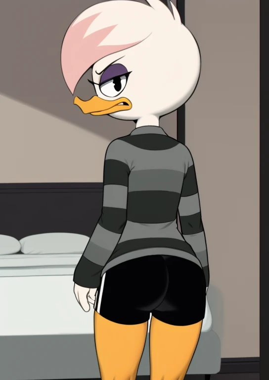 (ducktales:1.2) (by kyurisawa:1.2) (by chelodoy:1) (by ashraely:1) (mansion background, inside:1.2) (lena sabrewing:1.2) (solo:1.2) duck, beak, white skin, white hair, pink highlights, purple eyeshadow, black eyes, eyeliner, looking at viewer, (black shorts, tight shorts, long sleeves, baggy clothing, grey striped shirt:1.1) (orange legs:1.2) (clothed, clothing:1.3) (annoyed:1.2) (three-quarter portrait:1.3), ass, back view, cum on shorts,