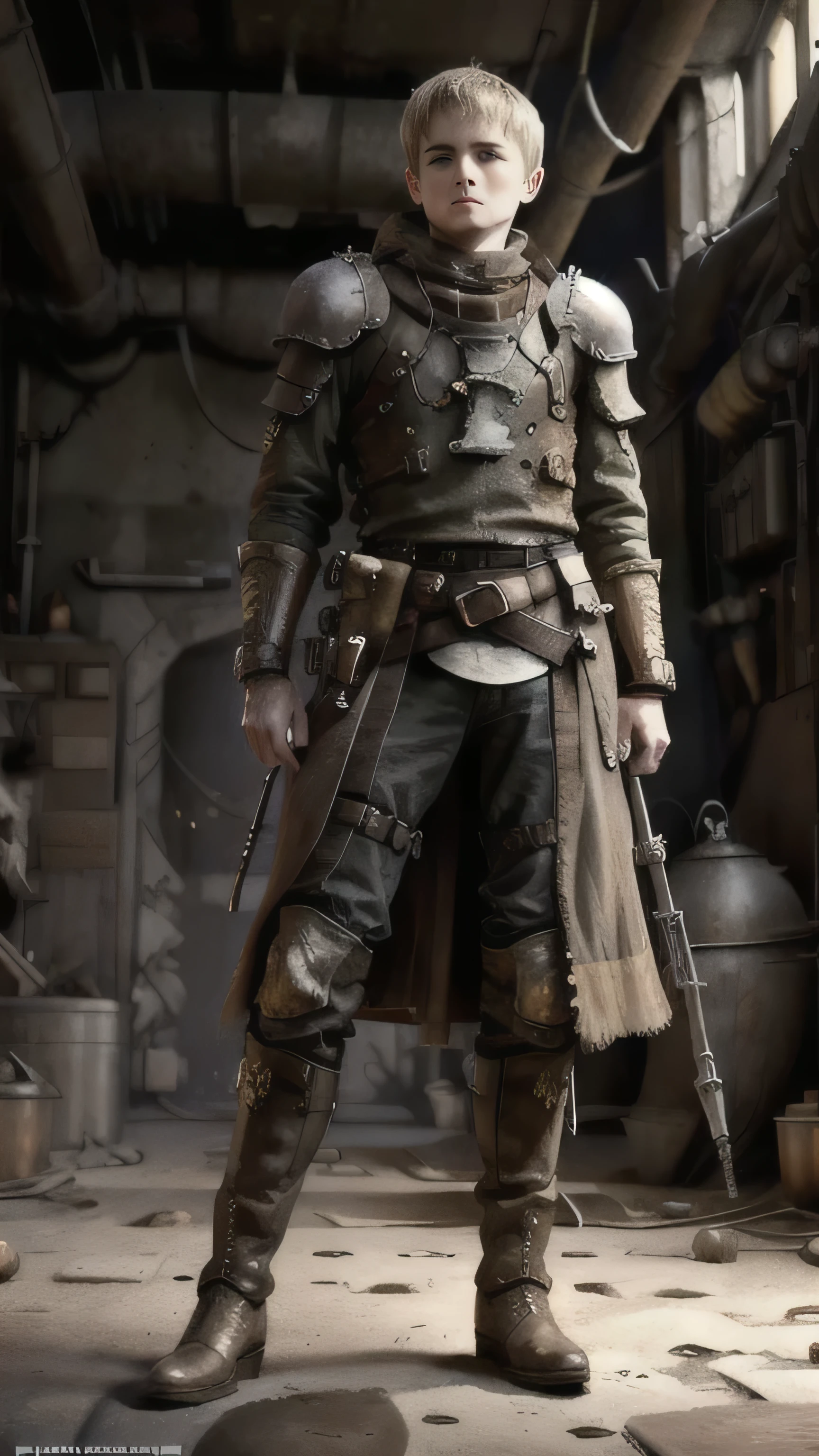 dieselpunkai, Jack Gleeson as Joffrey Baratheon, adult, yellow dieselpunk armor, dieselpunk boots, standing, in a dieselpunk desert, (1man), (solo), (full body view), beautiful detailed glow, detailed, cinematic light, intricate detail, realistic, highres, detailed facial features, high detail, sharp focus, smooth, aesthetic, extremely detailed, stamp, octane render