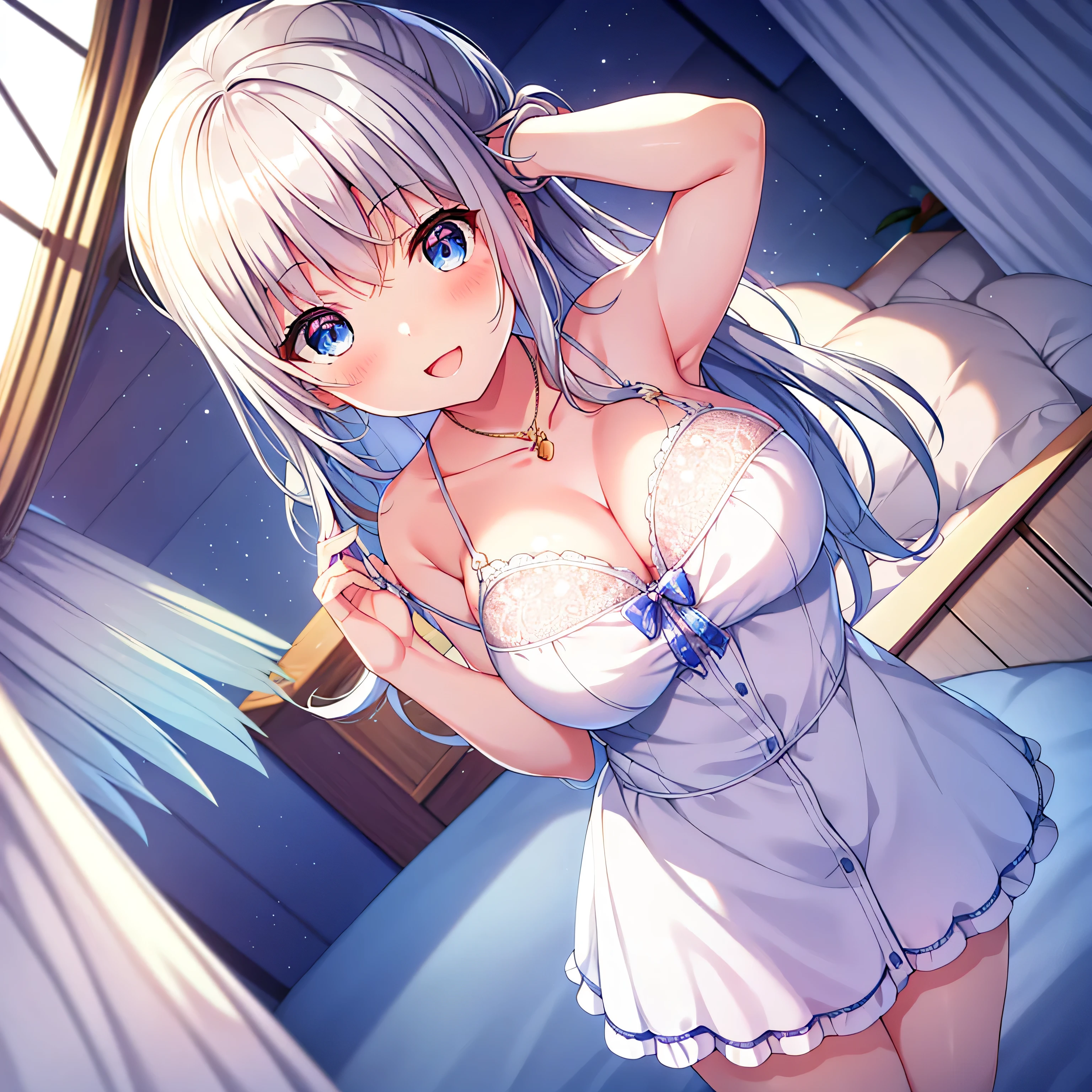 detailed, dense, masterpiece, A girl, Beautiful big breasts, Wearing a white cardigan, permanent,Standing by the bed,With blanket, white hair, , Light and smooth skin, Light skin, Shiny Hair, Clear eyes, Light's eyes,blue eyes, Light pink lips, (Audience looking down: 0. 8) Smile, Cheeks dyed red, Very shy, open mouth, By Bangs, White sleeves, White coat, A girl, soft skin,Large cleavage, Light skin, Light, Rich Light, room Lighting, Simple gold necklace, Diamond necklace, white lace bra, White lace, white lace underwear, High Angle, Low Angle, (masterpiece: 1.0), (Practical: 1.6), (Soft Focus: 1.5),black,