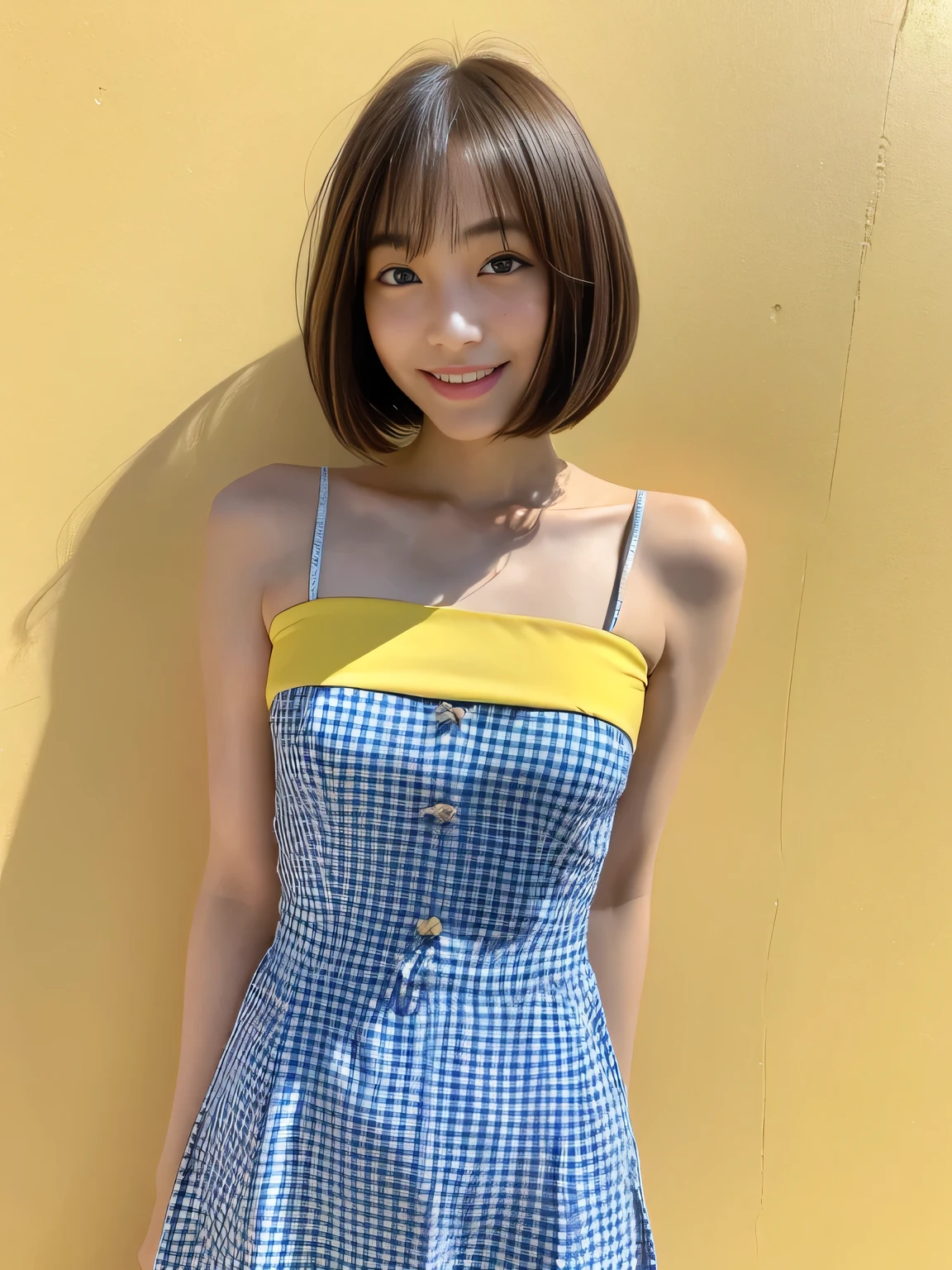 (highest quality、8k、32k、masterpiece、Hmph:1.2)、16 years old、Cute Japanese Women Photos、thin、slender、1 girl、(Bobcut)、(Small Tits)、double eyelid、 Yellow bandeau dress:1.1,Thighs、Light blue wall、whole body、smile、sexy