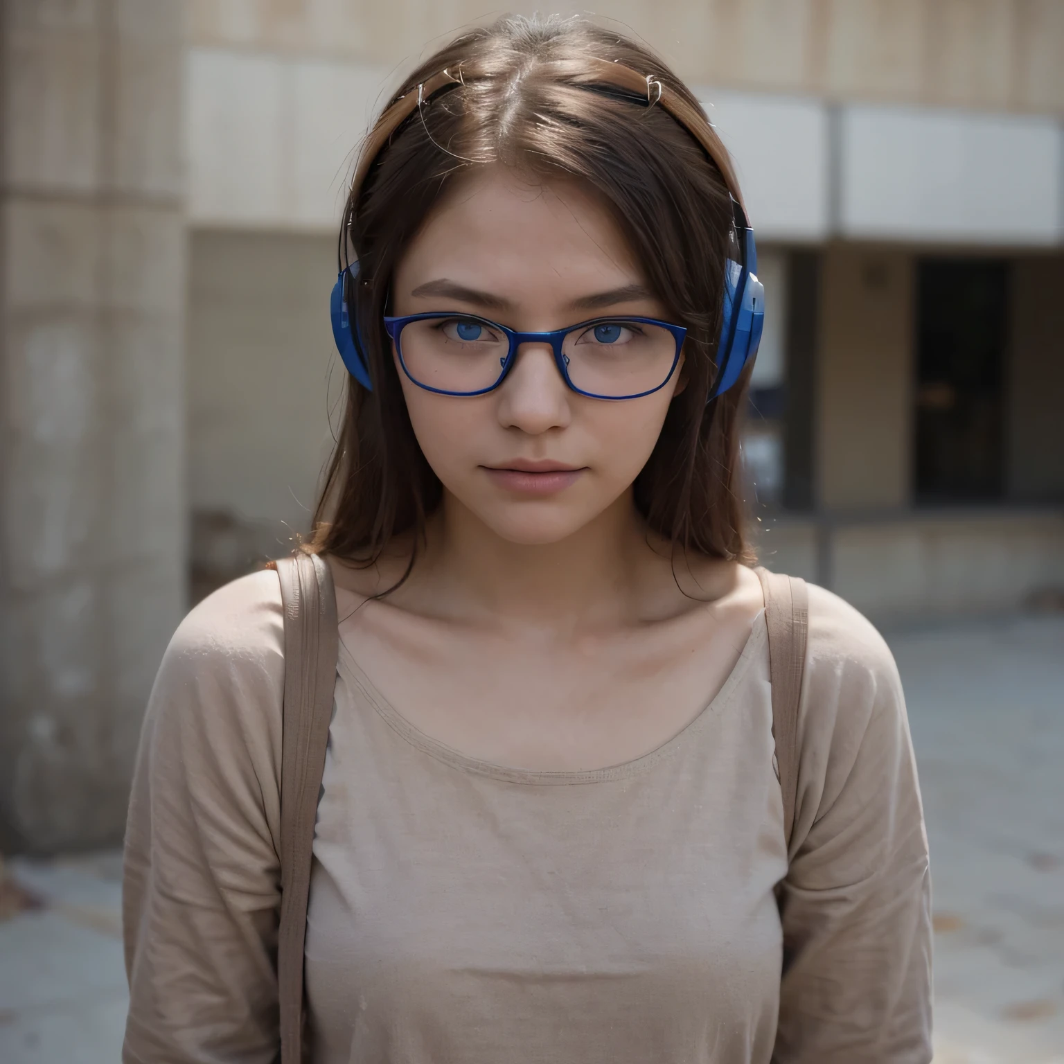 photo of a college student, in Desert Color Coarse Linen Pink,Desert Color Coarse Linen, (freckles:0.8) cute face, sci-fi, dystopian, detailed eyes, Heterochromia eyes((Side view))(Dune 2)((Cobalt blue eyes)) attractive neck, xintong chen, with glasses, li zixin, wearing headset, 4 8 0 p, 480p, with head phones, # oc, #oc, a young asian woman, with black eyeglasses, cai xukun, wearing thin large round glasses