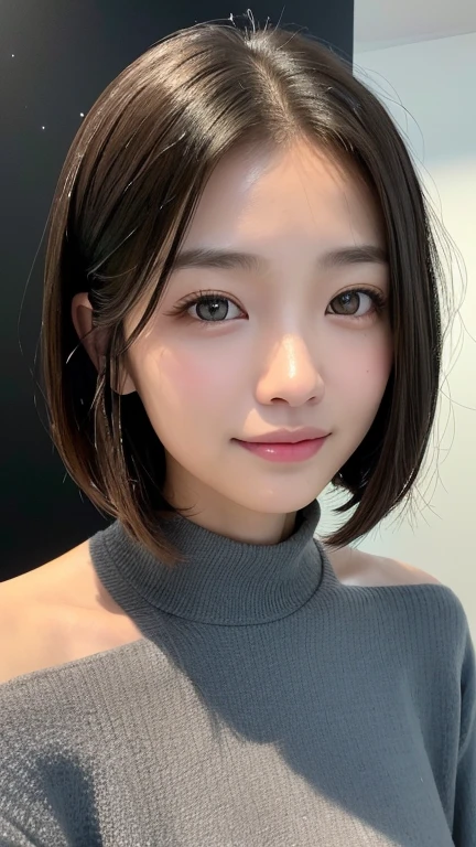 (((Close-up of face)))、(((Absolutely shoulder-length brown straight short bob)))、(((She is posing like a hair salon model, with a black wall indoors as the background.)))、(((Casual black winter long sleeves with shoulders covered)))、Half Japanese, half Korean、18 year old girl、Standing Alone、Looking forward、Light eye makeup、Brown Hair Color、Flat and 、Hair blowing in the wind、Actress Quality、Glossy, ultra-realistic face、Smiling face、Watery eyes、Gazing Up、Subtle lighting effects、 Ultra-Realistic Capture、Very detailed、High resolution 16K close up of human skin。Skin texture must be natural、The details must be such that pores can be clearly seen、The skin is healthy、Uniform tone、Use natural light and colors、A worn-out, high-quality photo taken by a model agency&#39;s in-house photographer.、smile、(((SIGMA 300 mm F/1.4,1/1000 sec shutter,ISO 400))) 