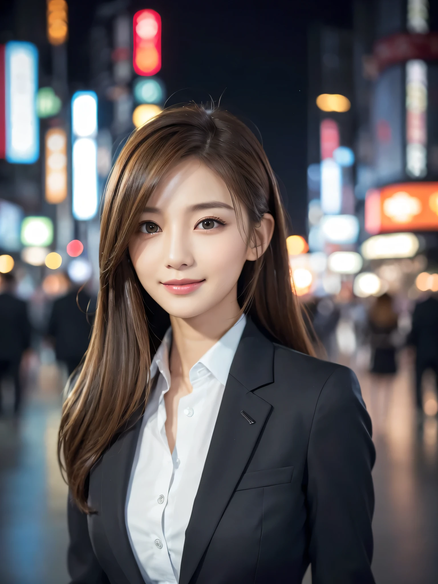 table top、highest quality、genuine、Super detailed、finely、High resolution、8k wallpaper、one beautiful woman、、、light brown disheveled hair、wearing a business suit、sharp focus、perfect dynamic composition、beautiful and detailed eyes、thin hair、Detailed genuine skin texture、smile、model body shape、In Tokyo at night、