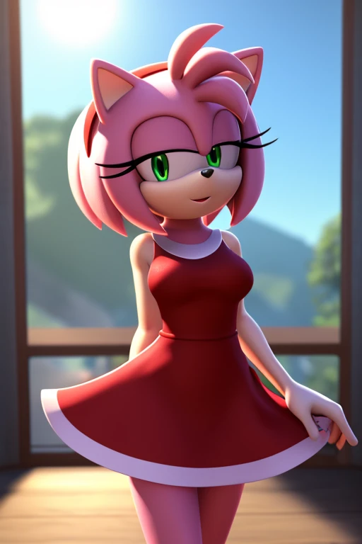 Masterpiece, high quality, studio quality, intricate details, 4k, 1girl, solo, Amy Rose, party dress, eyes open, green eyes, medium breasts