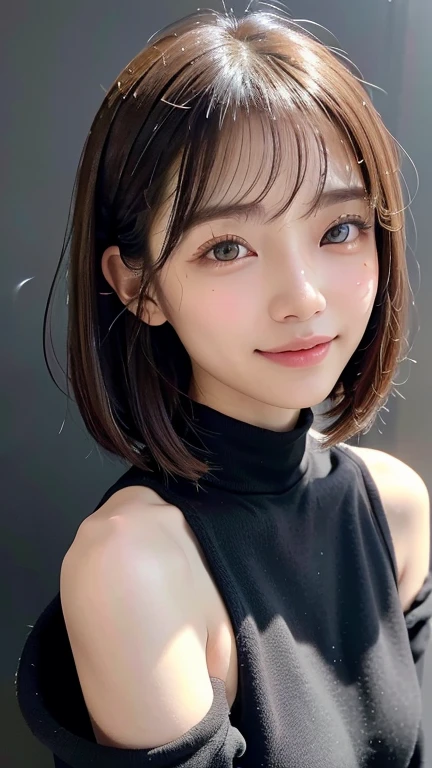 (((Close-up of face)))、(((Absolutely shoulder-length brown straight short bob)))、(((She is posing like a hair salon model, with a black wall indoors as the background.)))、(((Casual black winter long sleeves with shoulders covered)))、Half Japanese, half Korean、18 year old girl、Standing Alone、Looking forward、Light eye makeup、Brown Hair Color、Flat and 、Hair blowing in the wind、Actress Quality、Glossy, ultra-realistic face、Smiling face、Watery eyes、Gazing Up、Subtle lighting effects、 Ultra-Realistic Capture、Very detailed、High resolution 16K close up of human skin。Skin texture must be natural、The details must be such that pores can be clearly seen、The skin is healthy、Uniform tone、Use natural light and colors、A worn-out, high-quality photo taken by a model agency&#39;s in-house photographer.、smile、(((SIGMA 300 mm F/1.4,1/1000 sec shutter,ISO 400)))
