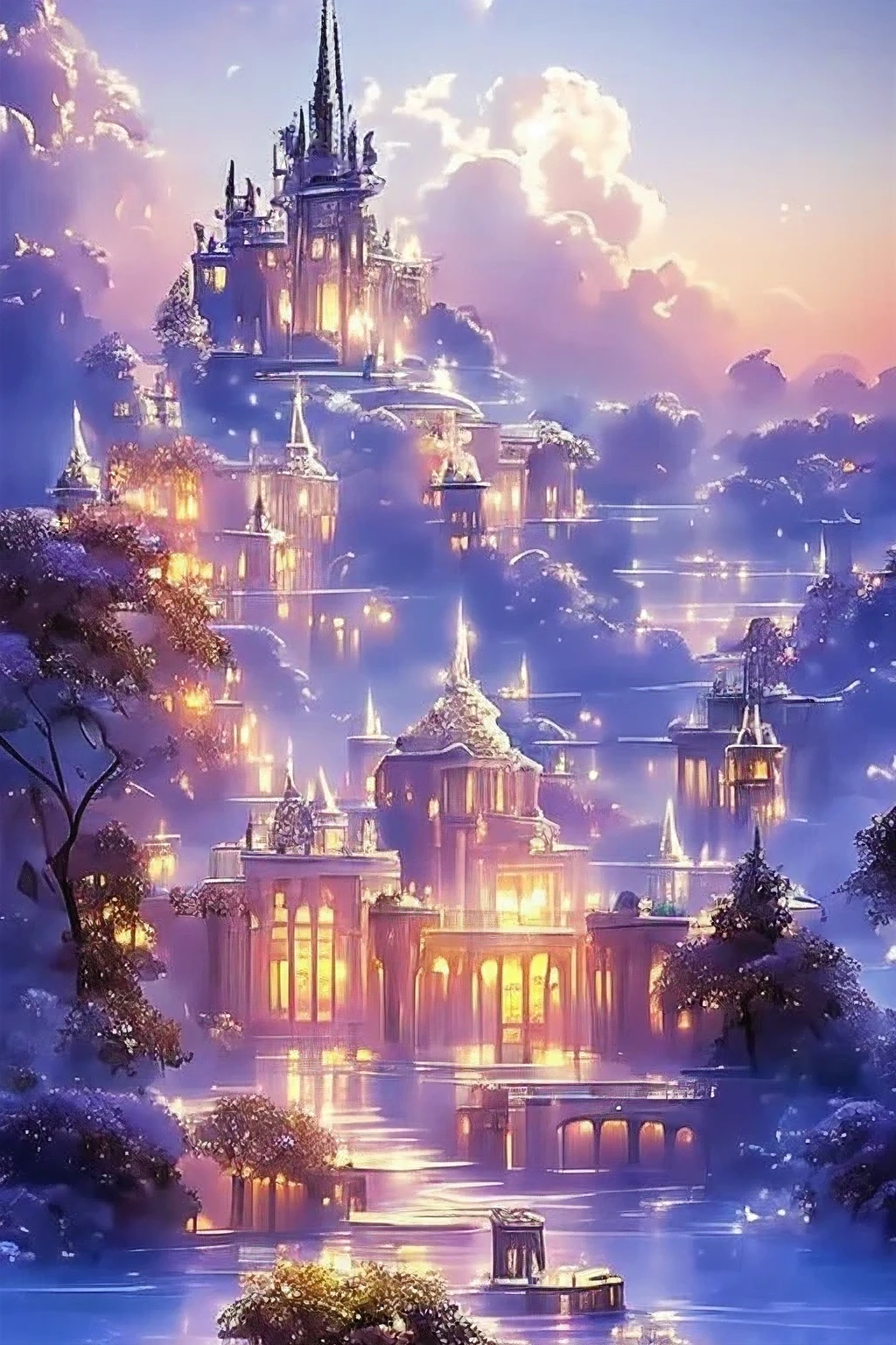 A painting of a castle in the sky with a boat in the water - SeaArt AI