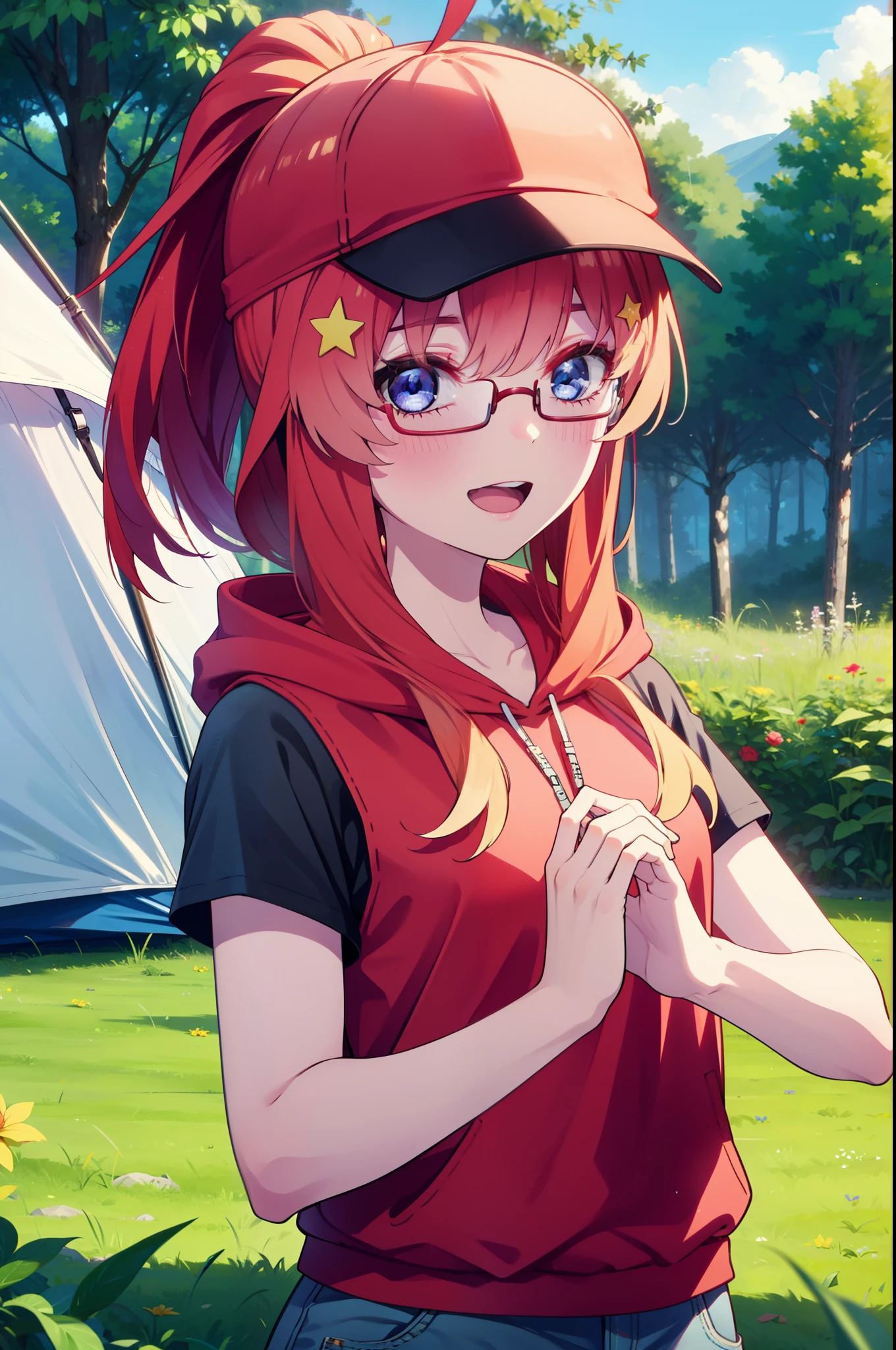 itsukinakano, Itsuki Nakano, bangs, blue eyes, Hair between the eyes, Ahoge, Redhead, star \(symbol\), hair ornaments, star hair ornaments,Akagi glasses, tooth, smile, Open your mouth,ponytail,Red hoodie,Short sleeve,Baseball cap,Food Up,Red Tank Top Shirt,Short denim,Red Knee High Socks,High Top Sneakers,Daytime,sunny,真夏日
break looking at viewer, Upper Body, whole body,(Cowboy Shot:1. 5)
break outdoors, forest, nature,camp site,tent,
break (masterpiece:1.2), highest quality, High resolution, unity 8k wallpaper, (shape:0.8), (Beautiful details:1.6), Highly detailed face, Perfect lighting, Extremely detailed CG, (Perfect hands, Perfect Anatomy),
