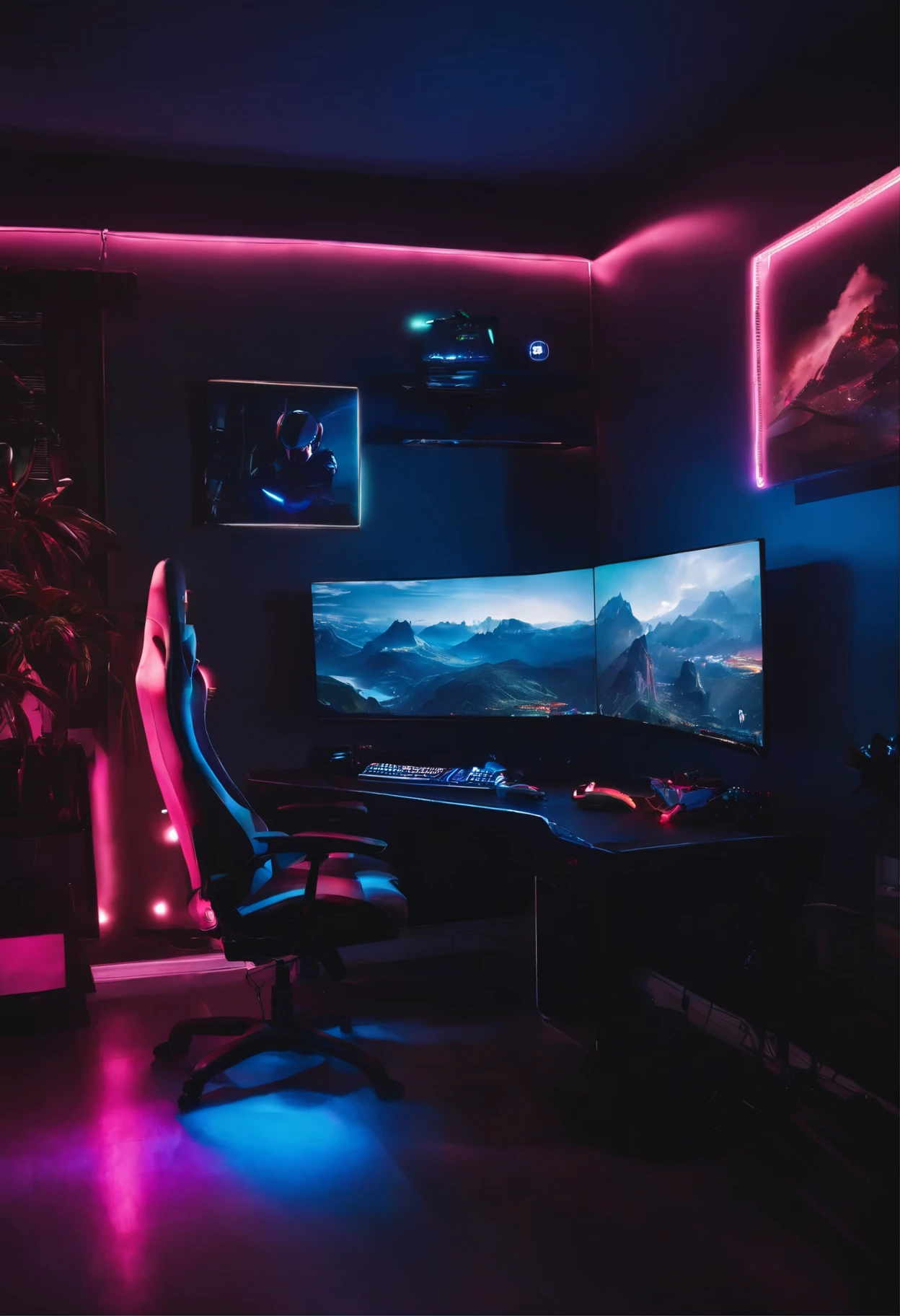 Realistic, gaming room, keyboard, mouse, gaming chair, gaming room, gaming, neon light, uma imagem ultra realista de uma quarto gamer colorido com computador e as palavras LIVE STREAM