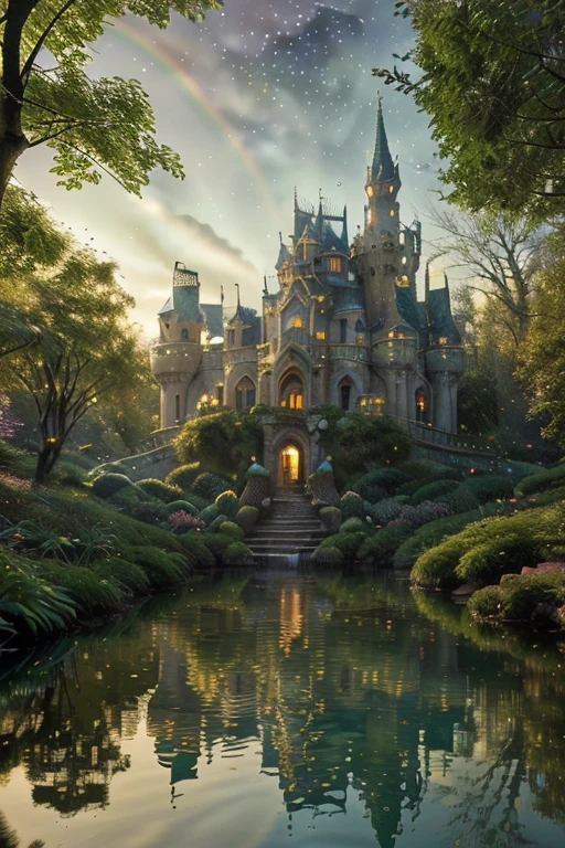 (best quality,4k,8k,highres,masterpiece:1.2),ultra-detailed,(realistic,photorealistic,photo-realistic:1.37),fantasy castle,glimmering lights,detailed architecture,whimsical atmosphere,floating clouds,enchanted forest,majestic turrets,shimmering fountain,mysterious fog,magical creatures,fairy tale kingdom,golden sunset,ethereal colors,soft pastels,lush greenery,twinkling stars,magical rainbow,tranquil pond,ethereal glow,cascading waterfalls,whispering trees,ornate decorations,golden gates,majestic entrance,gentle breeze,mystical aura,enchanted gardens,romantic ambiance,serene atmosphere,dreamlike shadows,enchanted pathway,sparkling reflections,peaceful serenity,dreamy moonlight,rays of sunshine,serene harmony,peaceful solitude,floating lanterns.