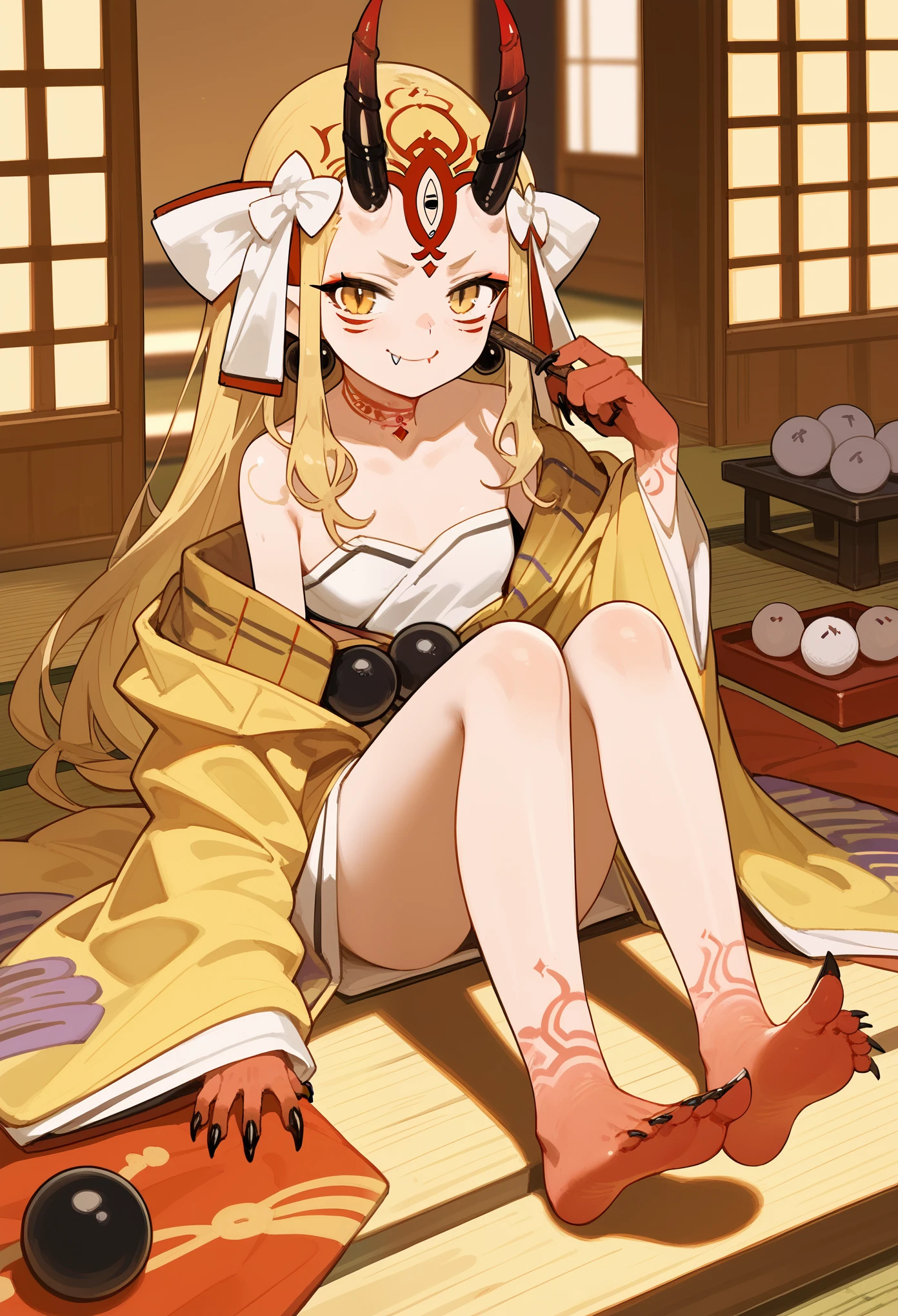 1girl, long hair, blonde hair, sidelocks, yellow eyes, pointy ears, facial mark, tattoo, forehead mark, oni, horns, sharp fingernails, japanese clothes, yellow kimono, headdress, feathers, earrings, jewelry, beads, off-shoulder, wide sleeves, barefoot, sitting, indoors, japanese house, smug, closed mouth, fang, from above, score_9, score_8_up, score_7_up, masterpiece, Very aesthetic, best quality