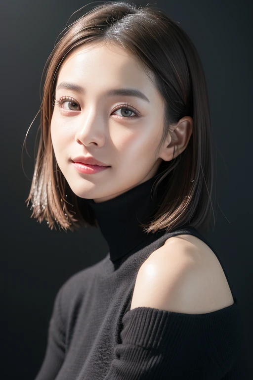 (((Close-up of face)))、(((Absolutely shoulder-length brown straight short bob)))、(((She is posing like a hair salon model, with a black wall indoors as the background.)))、(((Casual black winter long sleeves with shoulders covered)))、Half Japanese, half Korean、18 year old girl、Standing Alone、Looking forward、Light eye makeup、Brown Hair Color、Flat and 、Hair blowing in the wind、Actress Quality、Glossy, ultra-realistic face、Smiling face、Watery eyes、Gazing Up、Subtle lighting effects、 Ultra-Realistic Capture、Very detailed、High resolution 16K close up of human skin。Skin texture must be natural、The details must be such that pores can be clearly seen、The skin is healthy、Uniform tone、Use natural light and colors、A worn-out, high-quality photo taken by a model agency&#39;s in-house photographer.、smile、(((SIGMA 300 mm F/1.4,1/1000 sec shutter,ISO 400))) 