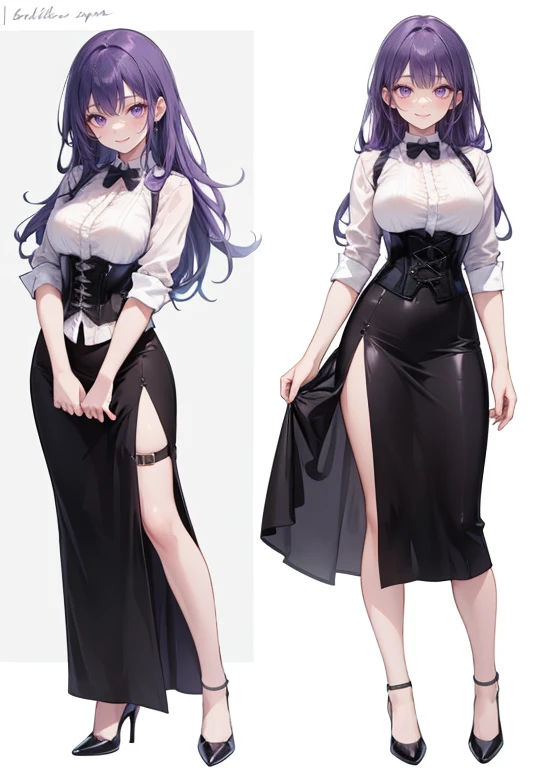Purple hair,Long hair,Adult female,Bartender,((Body harness)),((Rolling up your sleeves shirt)),(Corset),(Long skirt),(slit),High heels,((Simple background)),Smile,((Full body)),((whole body)),Character Sheet,